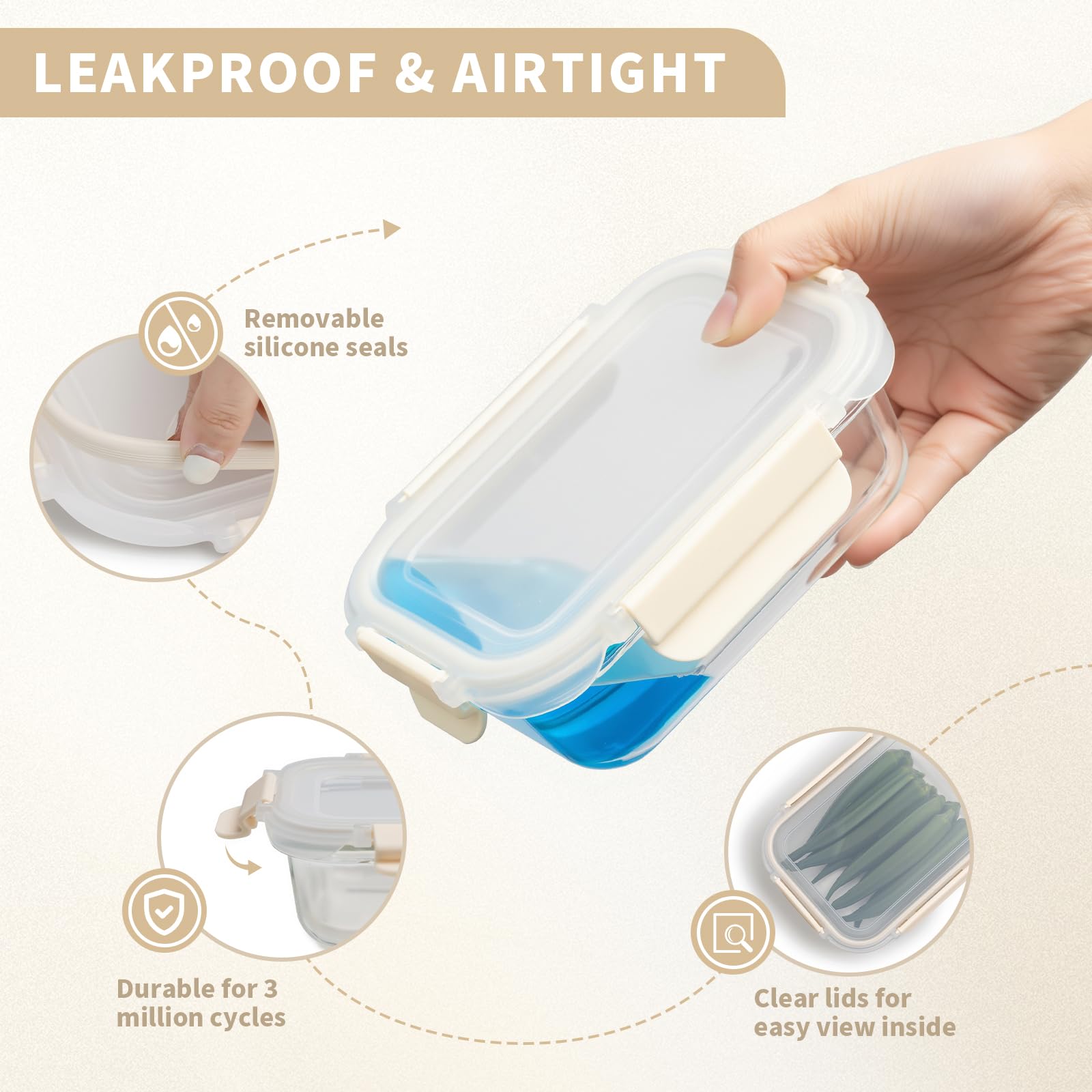 Confezione da 10 contenitori per alimenti in vetro con coperchi ermetici, contenitori per la preparazione dei pasti, set di contenitori con coperchio senza BPA, per alimenti, bento box, microonde