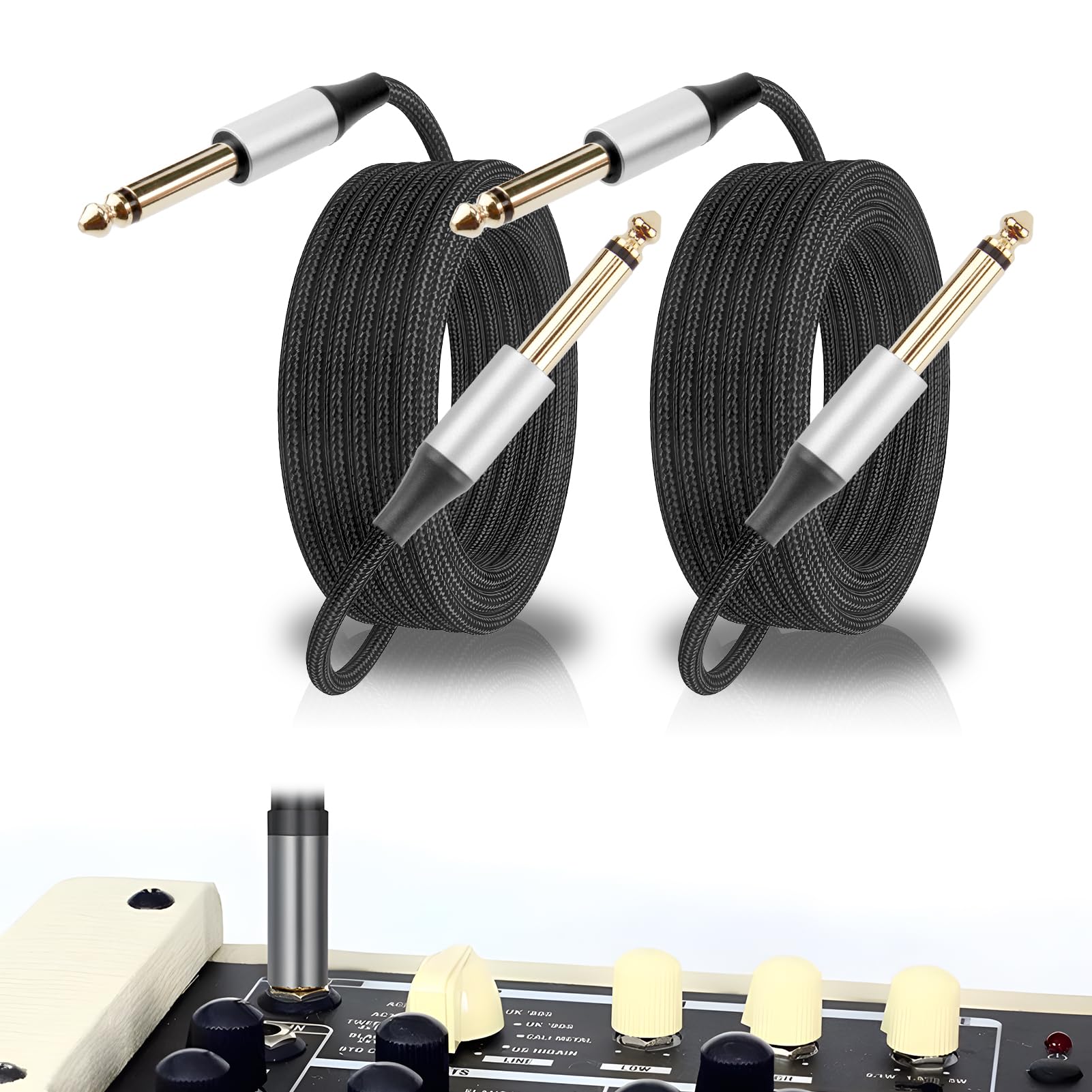 RJLLKD 2 Pack Guitar Cable 2M 6.35mm to 6.35mm Straight Jack to Jack 1/4" Instrument Cable Amp Balanced Lead for Electric Guitar Bass