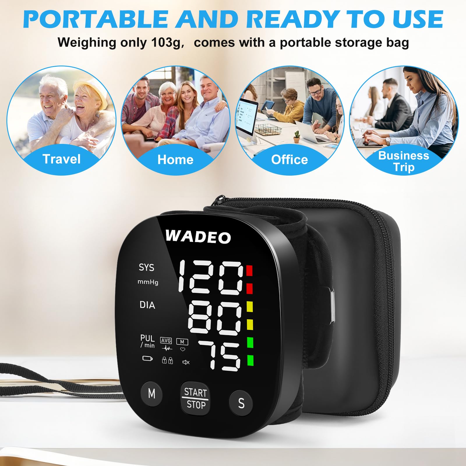 WADEO Tensiómetro digital de muñeca con pantalla LCD, función de voz, memoria para 2 x 99 lecturas, tensiómetro portátil con detección de arritmias para uso doméstico o fuera de casa