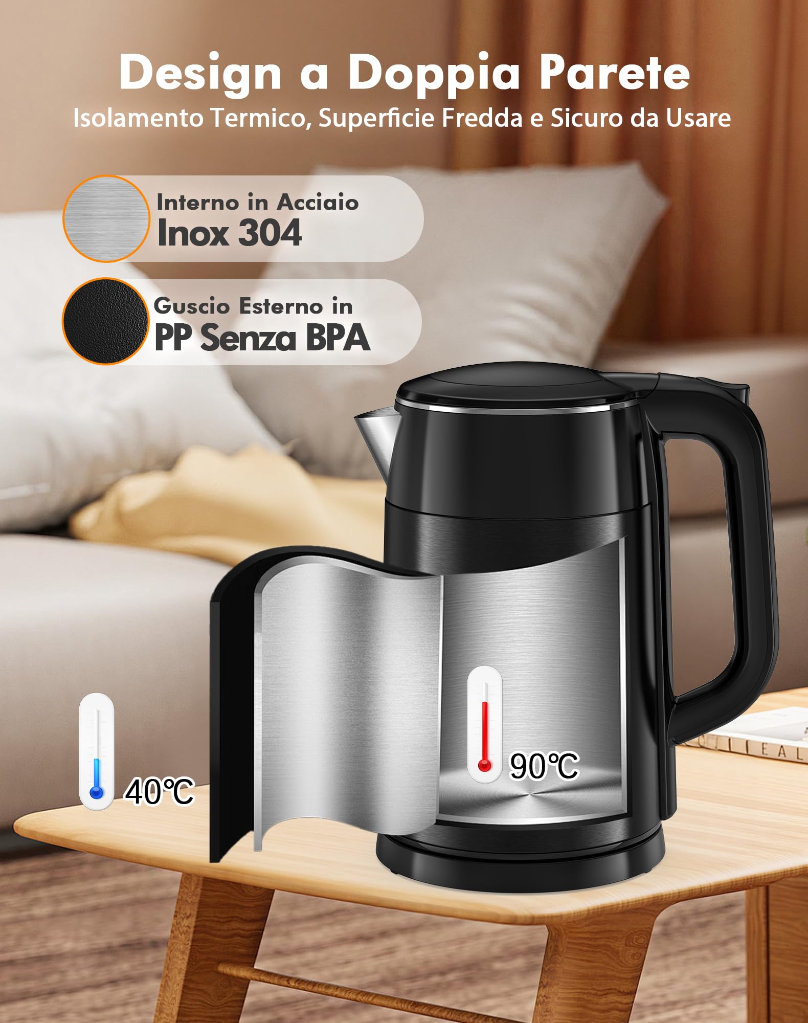 Bollitore Elettrico con Temperatura Regolabile, 2200W 1.7L, 6 Programmi Preimpostati, Acciaio Inox 304, Senza BPA, Display LED, Funzione Mantieni Caldo 2H, Base 360°, Nero (Nero)