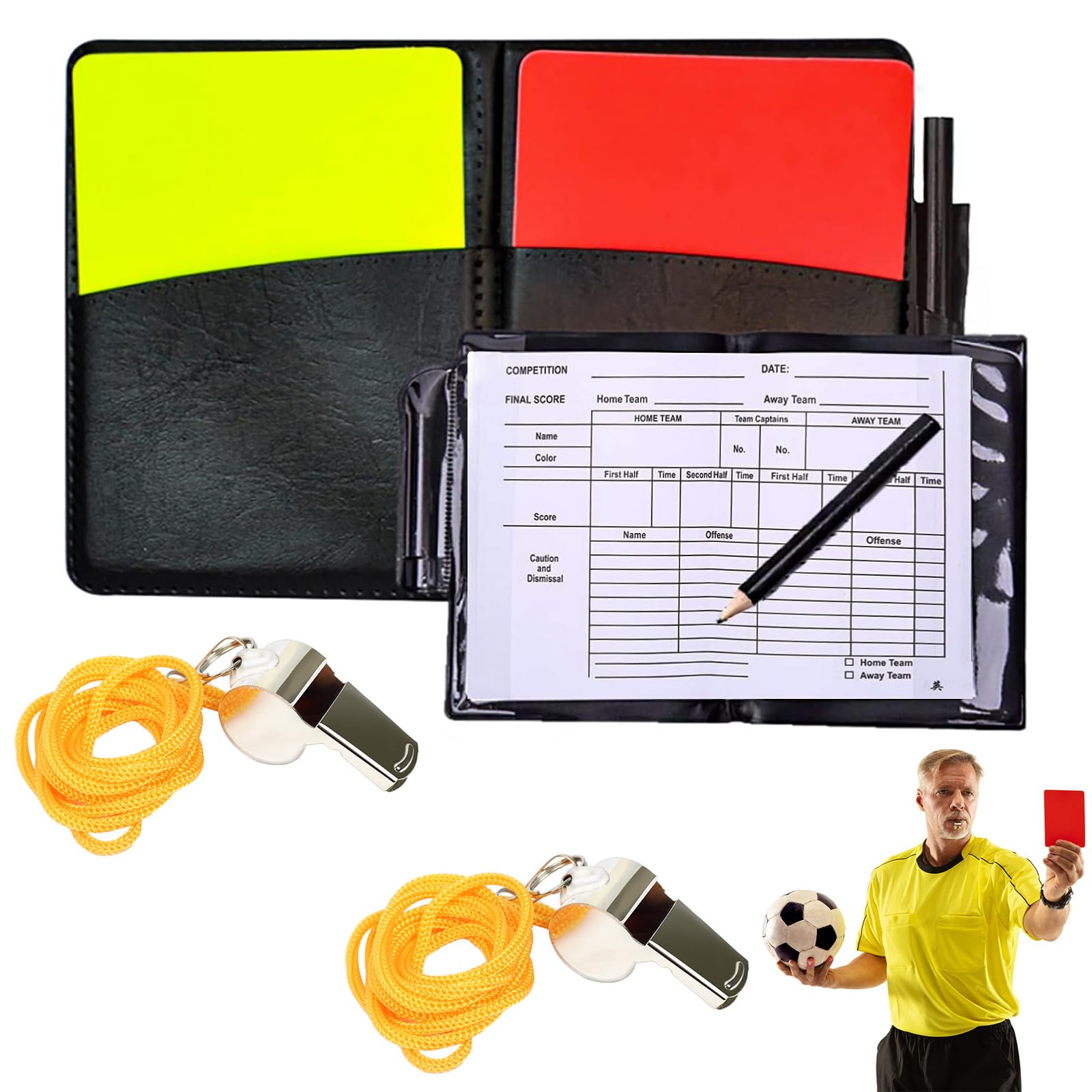 Set Arbitre Football – 8 Cartons (4 Rouges + 4 Jaunes) + 2 Sifflets Métalliques Inox Avec Cordon