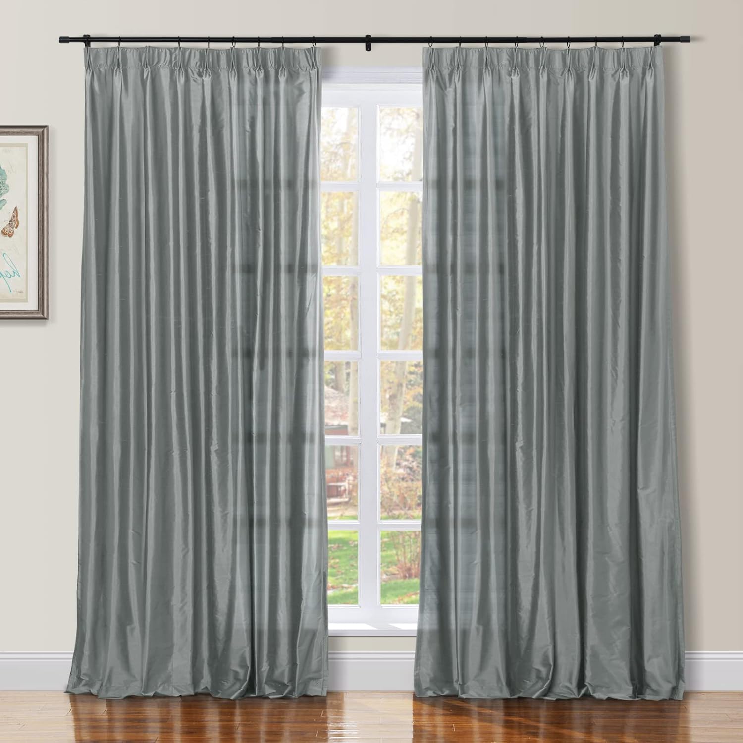 TWOPAGES Double Layer Lined Dupioni Silk Curtain Grey Pinch Pleated Curtain Light Filtering Room Darkening Curtain for Kitchen, Window Treatment Panel (1 Panel, W26 x L102)