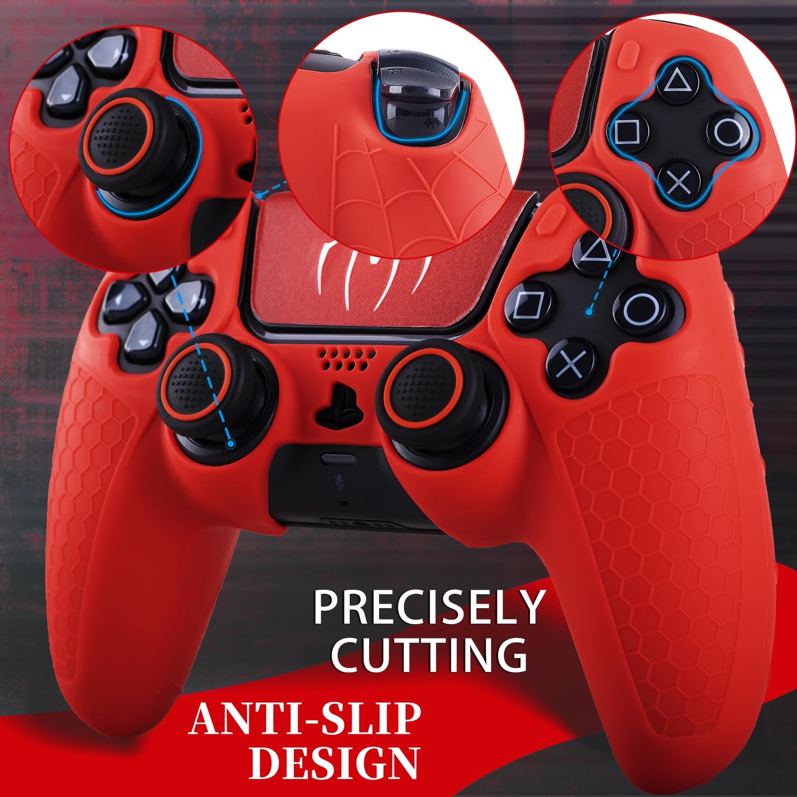 Coque en silicone antidérapante pour manette de PS5 avec 2 capuchons de joystick et 1 autocollant 1 araignée écarlate