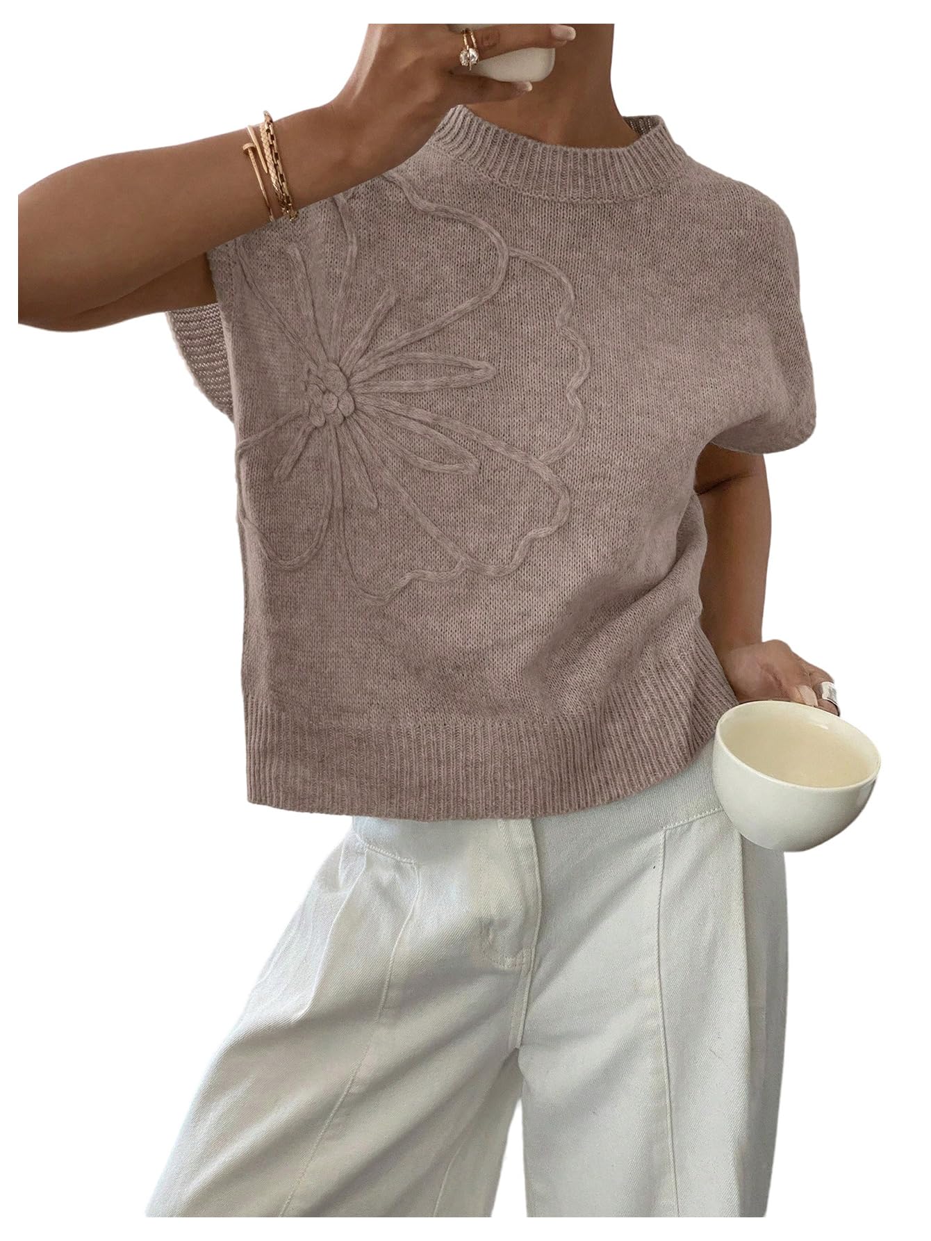 SOLY HUX Women's Short Sleeve Sweater 3D Floral Sweaters Pullover Tank Tops Knit Vest Trendy Fashion Clothing