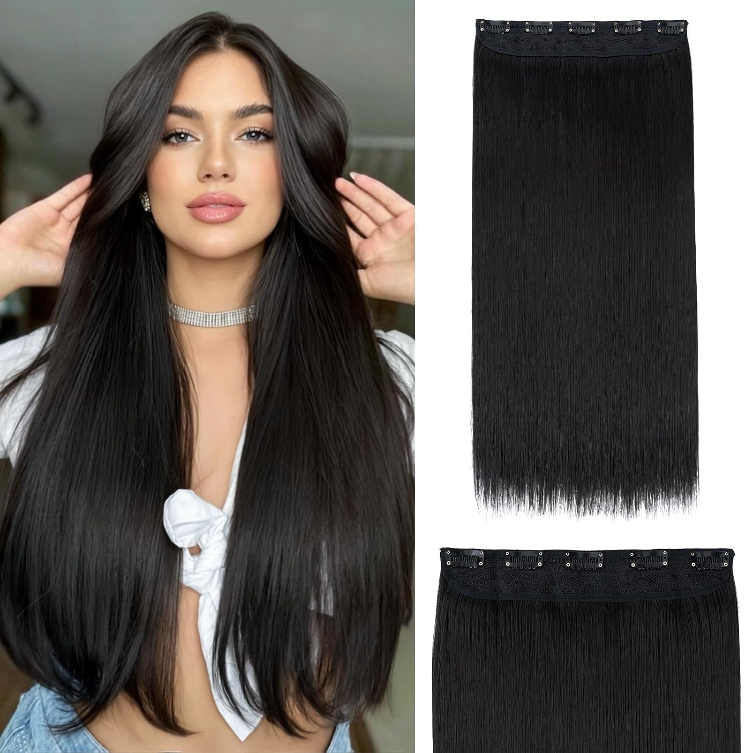 S-noilite Elegant 30"(76cm) Longest Straight Natural Black 3/4 Full Head One Piece 5 Clips Clip in Hair Extensions