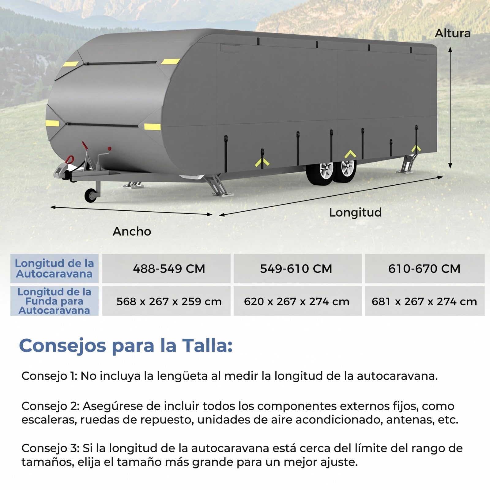 COSTWAY Funda Caravana, Cubierta Protectora para Autocaravana con 9 Correas de Fijación, 6 Tapas de Canalón, 2 Parches de Reparación y Bolsa, Lona para Caravana, Verano, Invierno (571x260x250cm)