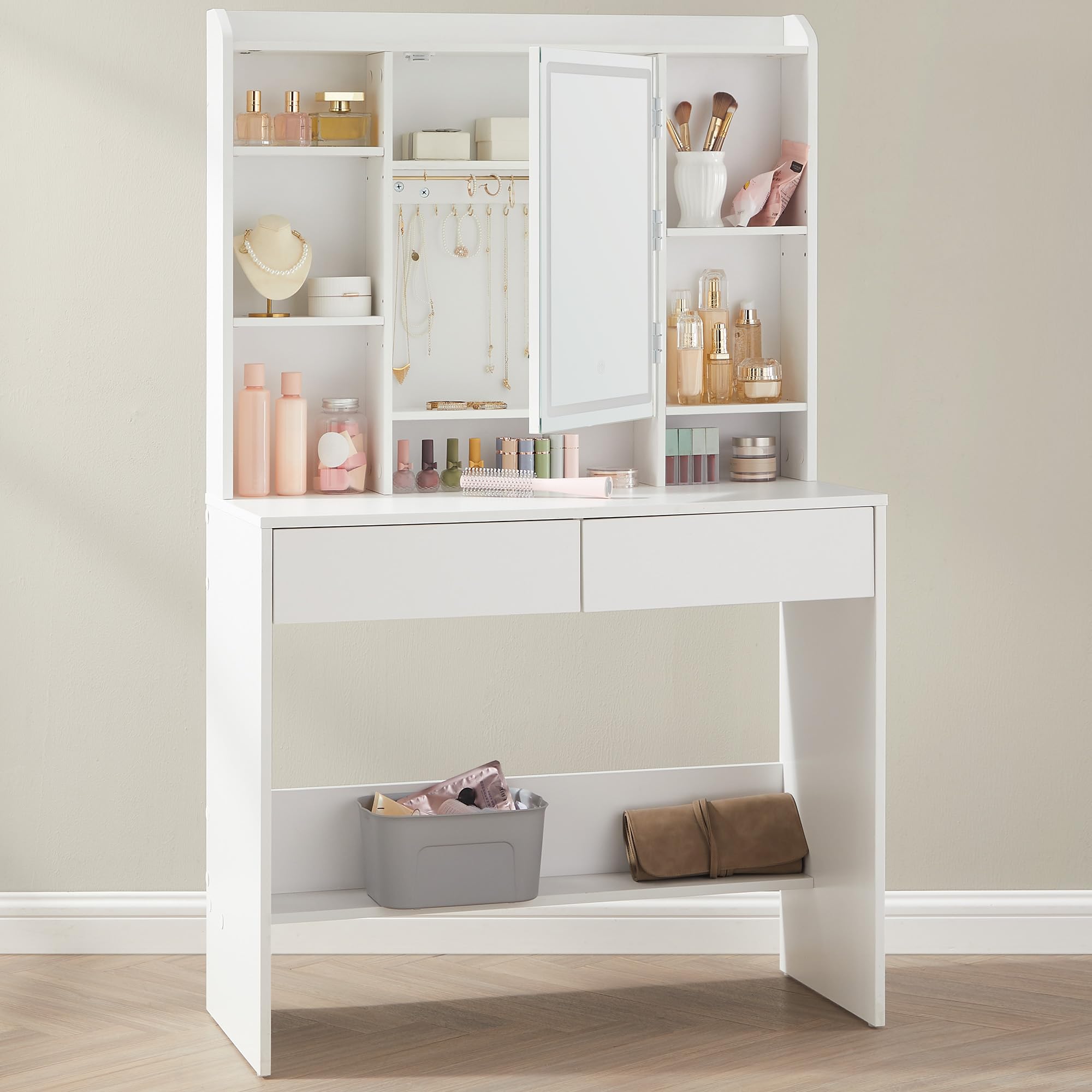 VASAGLE KAILYN Collection - Dressing Table with LED Lights, 3 Colours, Vanity Desk with Mirror, Vanity Table with 2 Drawers, Makeup Desk, Modern, White RDT123W01