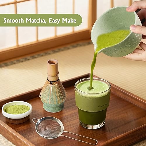 Miniatura 6 de Juego de té de batidor matcha kit de matcha japonés  Cuenco de cerámica de bambú con soporte para cuchara medidora, cuchara medidora, práctica