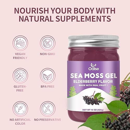 Miniatura 3 de OALSE Gel de musgo marino irlandés, mezcla de musgo de mar real y saúco, gel avanzado de musgo marino silvestre de 15 onzas, sabor a baya de saúco