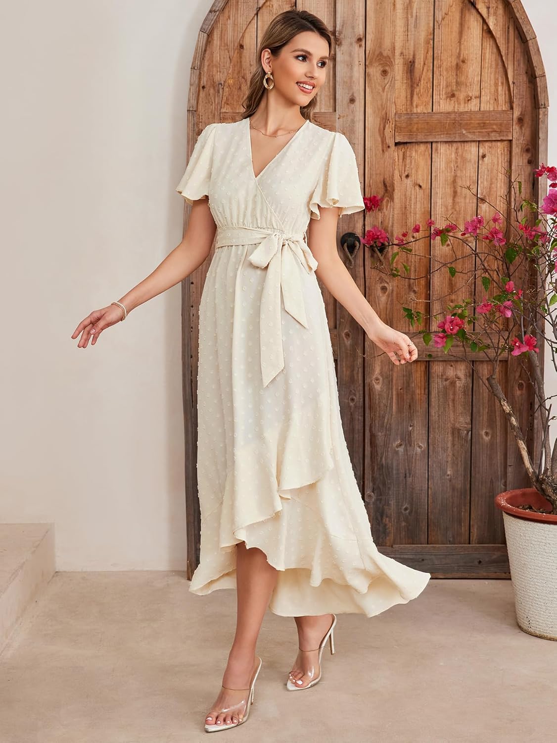 KUTUMAI Women 2024 Swiss Dot Maxi Dress V Neck Wrap Belted Ruffle A Line Flowy Boho Wedding Guest Long Dresses - Image 3