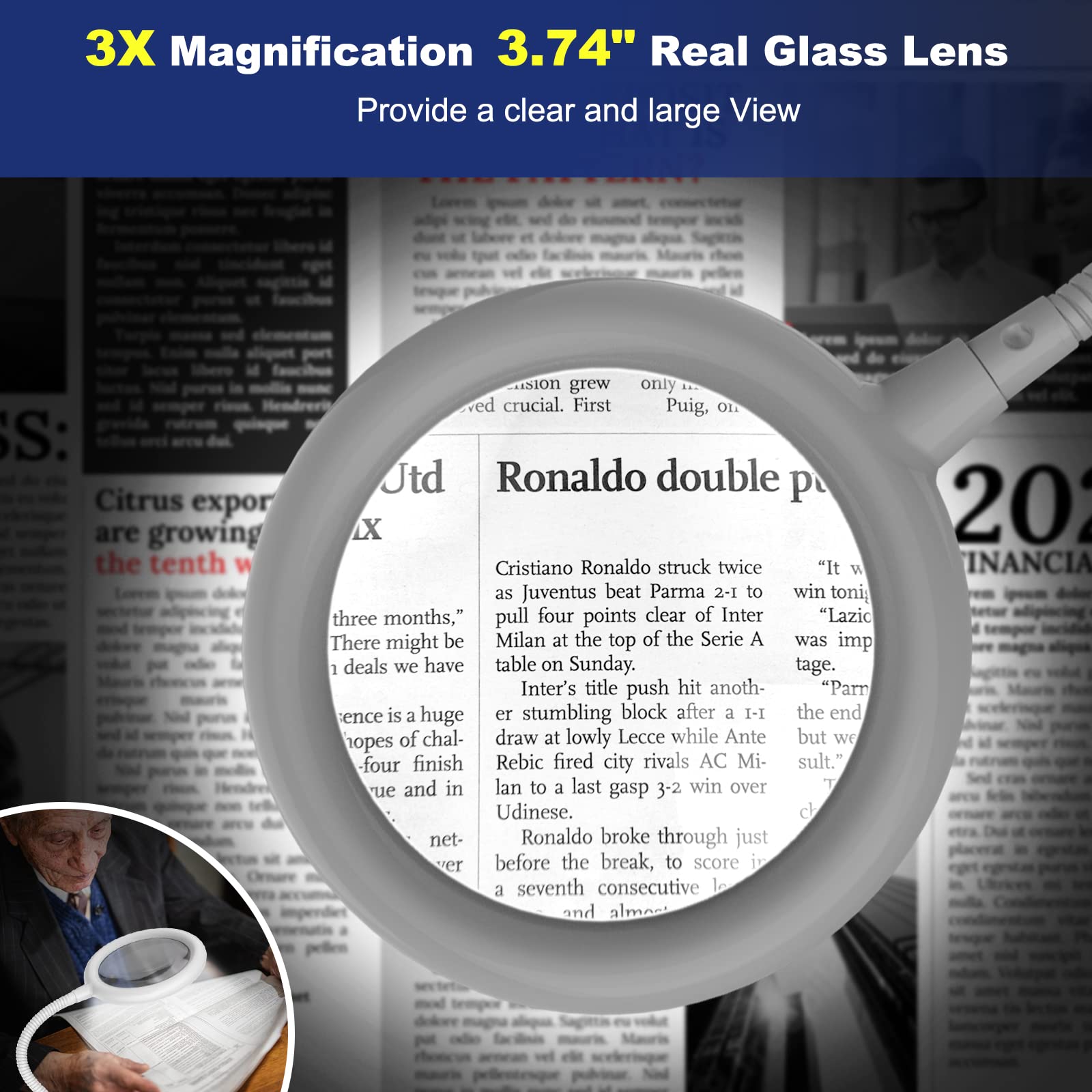 Lampe loupe 3X avec Pince USB, Lampe loupe à Pince à lumière du Jour avec 6 réglages d'éclairage réglables, loupe avec lumière LED pour Lire Les travaux manuels, Les Loisirs de Couture