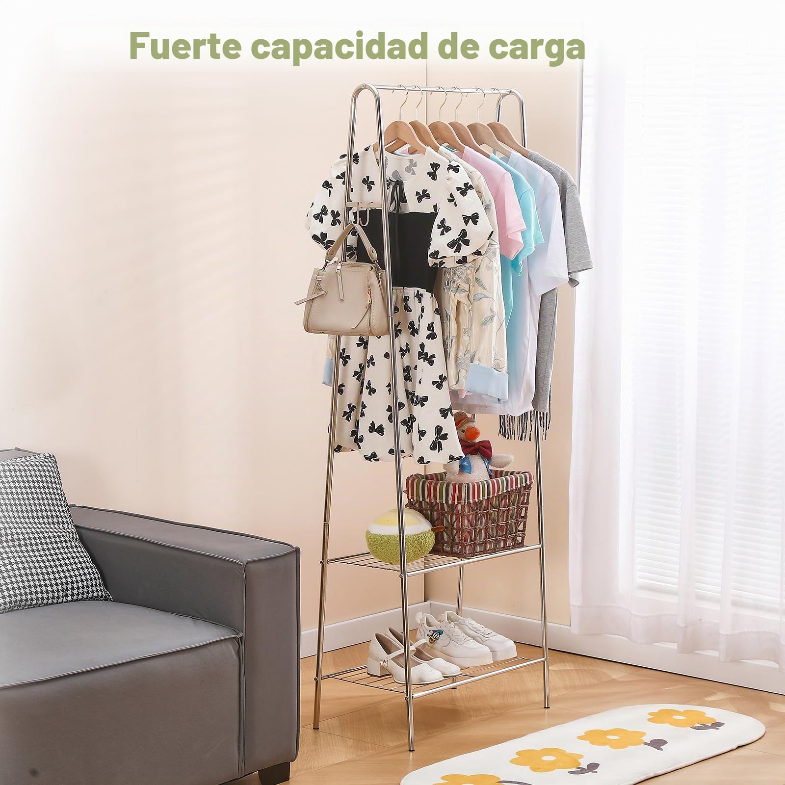Perchero metálico, perchero con zapatero, barra para colgar ropa Para dormitorios, salones u otras habitaciones pequeñas