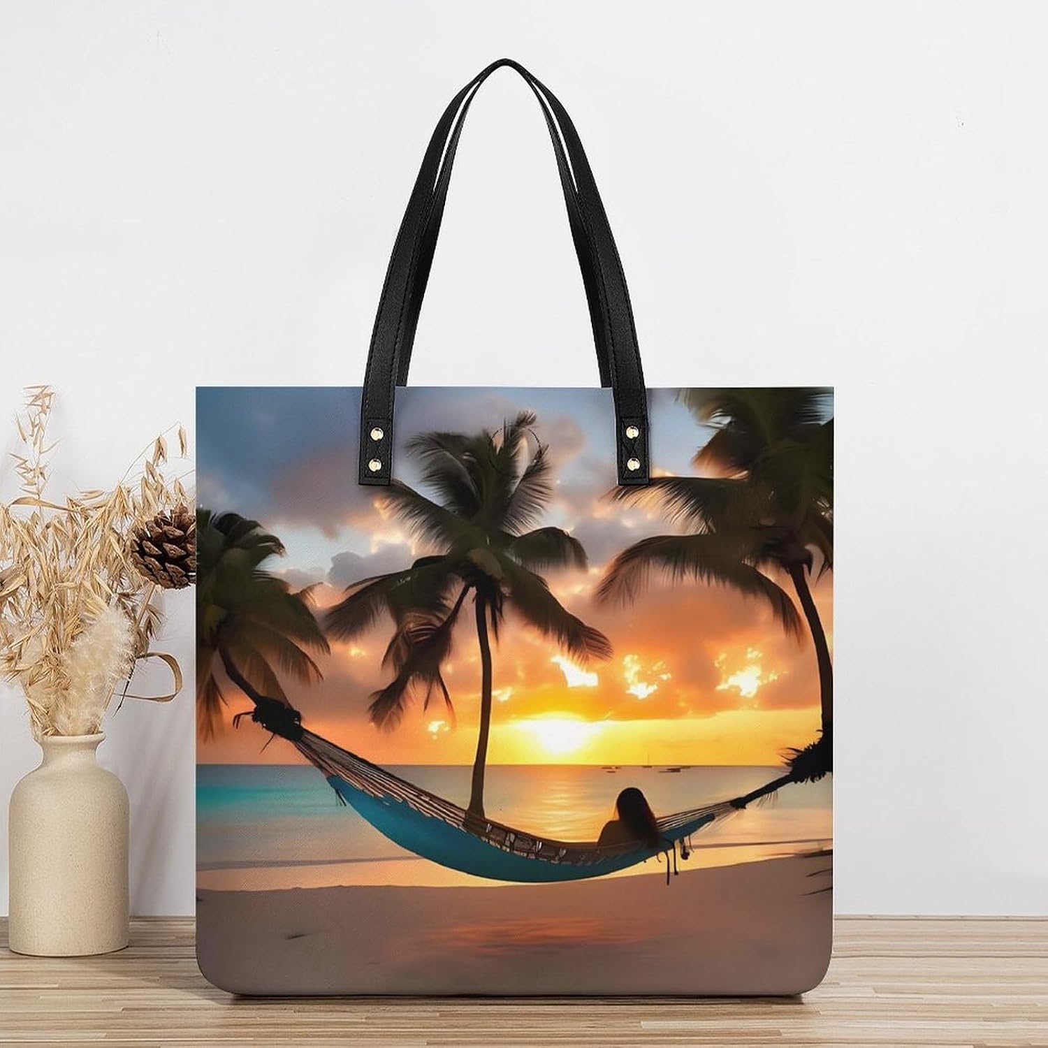 Coconut Beach Sunset Hammock Tote Bag with Magnetic Buckle Reusable Grocery Bags Lightweight Cross Body Handbag for Daily Essentials