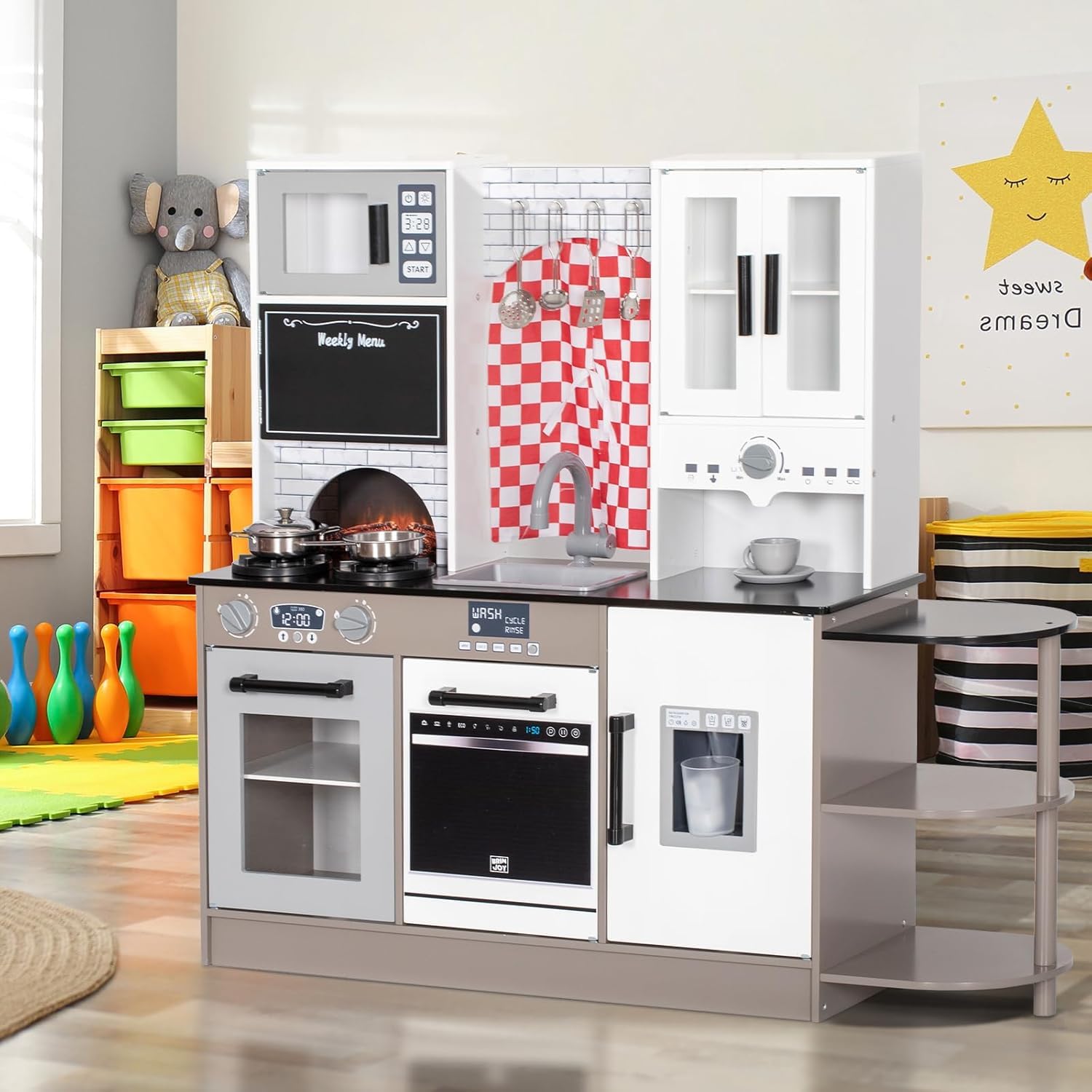 BRINJOY Kinderküche, Holz Kleinkind Küche Set mit Vorhänge, Kaffeemaschine, Aufbewahrungsregal, Herd, Waschbecken, Geschirr, Licht & Klang,Spielen Küche Spielzeug Geschenk für Mädchen Jungen (Weiß)