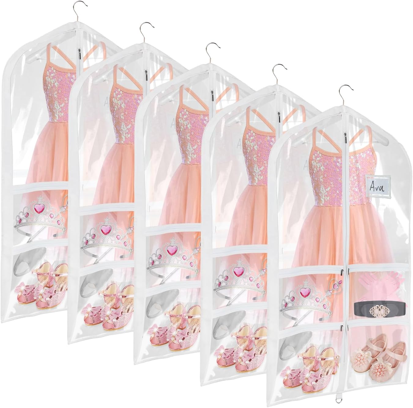 Univivi Clear PVC Dance Costume Garment Bag 40 Inch Hanging Garment Bag for Dance for Kids, with 4 Medium Clear Zipper Pockets and 1 Large Back Zippered Pocket (5 Pack)