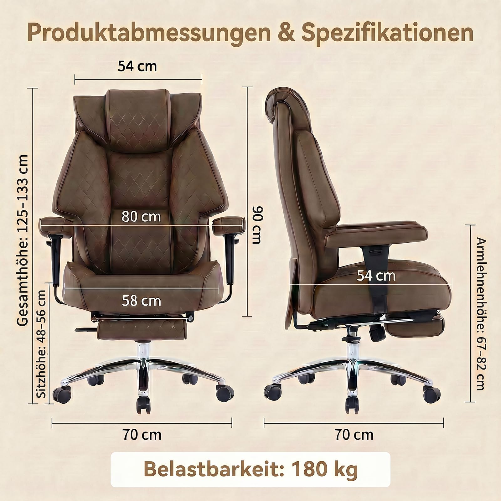 EXCEBET Silla de Oficina Dirección XXL 180kg, Silla de Escritorio Ergonómica con Muelles Ensacados, Asiento Ancho para Sentarse en Cruz, Reclinable 135°, Cuero PU（Marrón）
