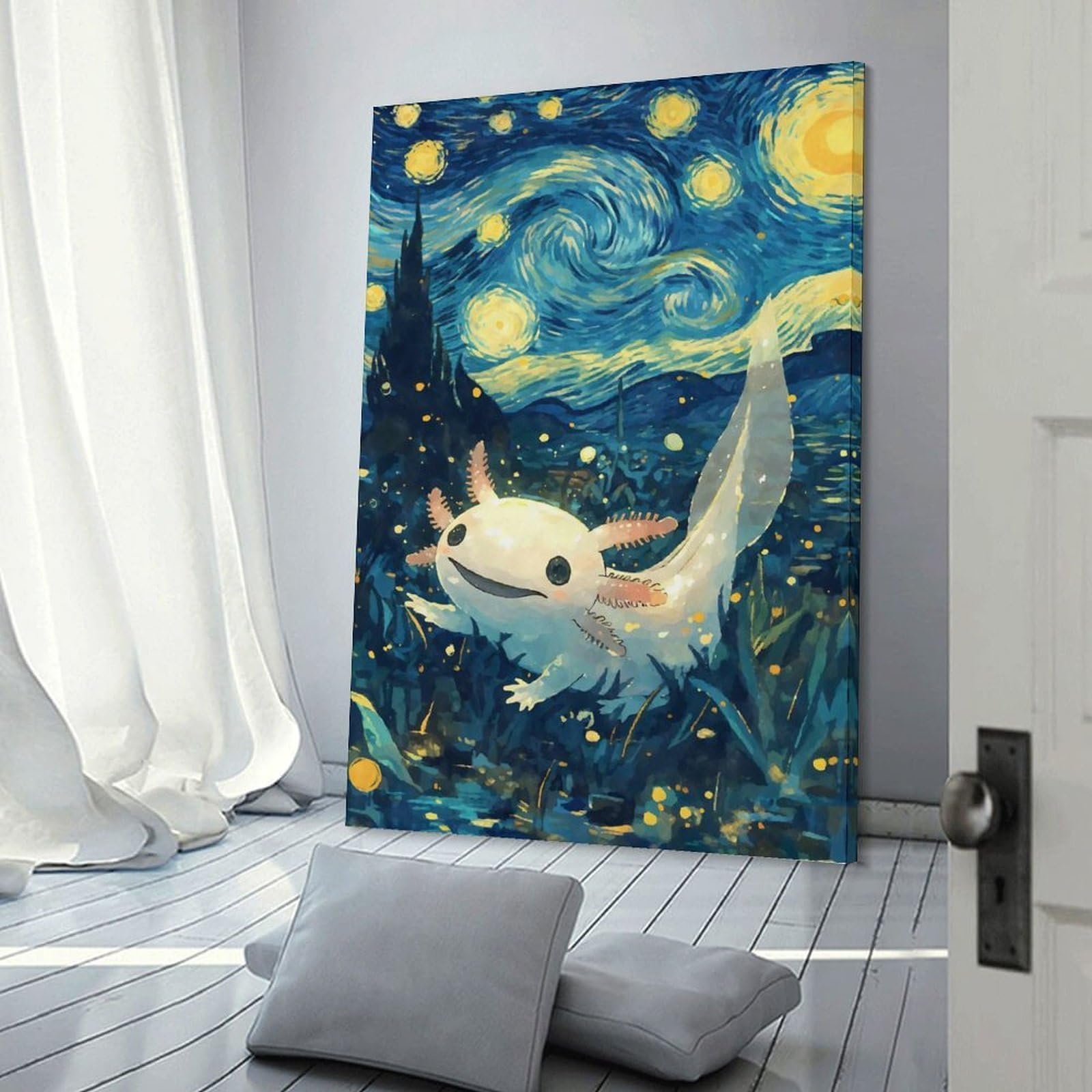 Junmoney Axolotl Starry Night Decorative Wall Artwork, 24x36inch(60x90cm), for Corridors, Hallways Or Apartment Entries, Home Artwork for First Impressions