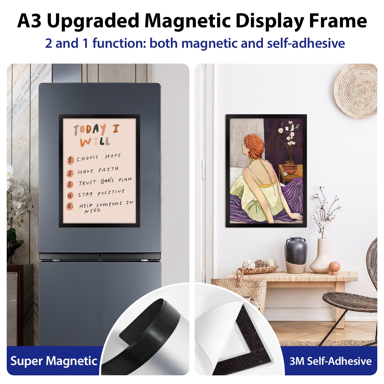 Samoprzylepna magnetyczna ramka ekspozycyjna A3, magnetyczny uchwyt na papier z mocną magiczną bordiurą, magnetyczna ramka na lodówkę na ścianę, drzwi, płytki, lodówkę, szafkę, uchwyt na znaki okienne (10 szt., czarna)
