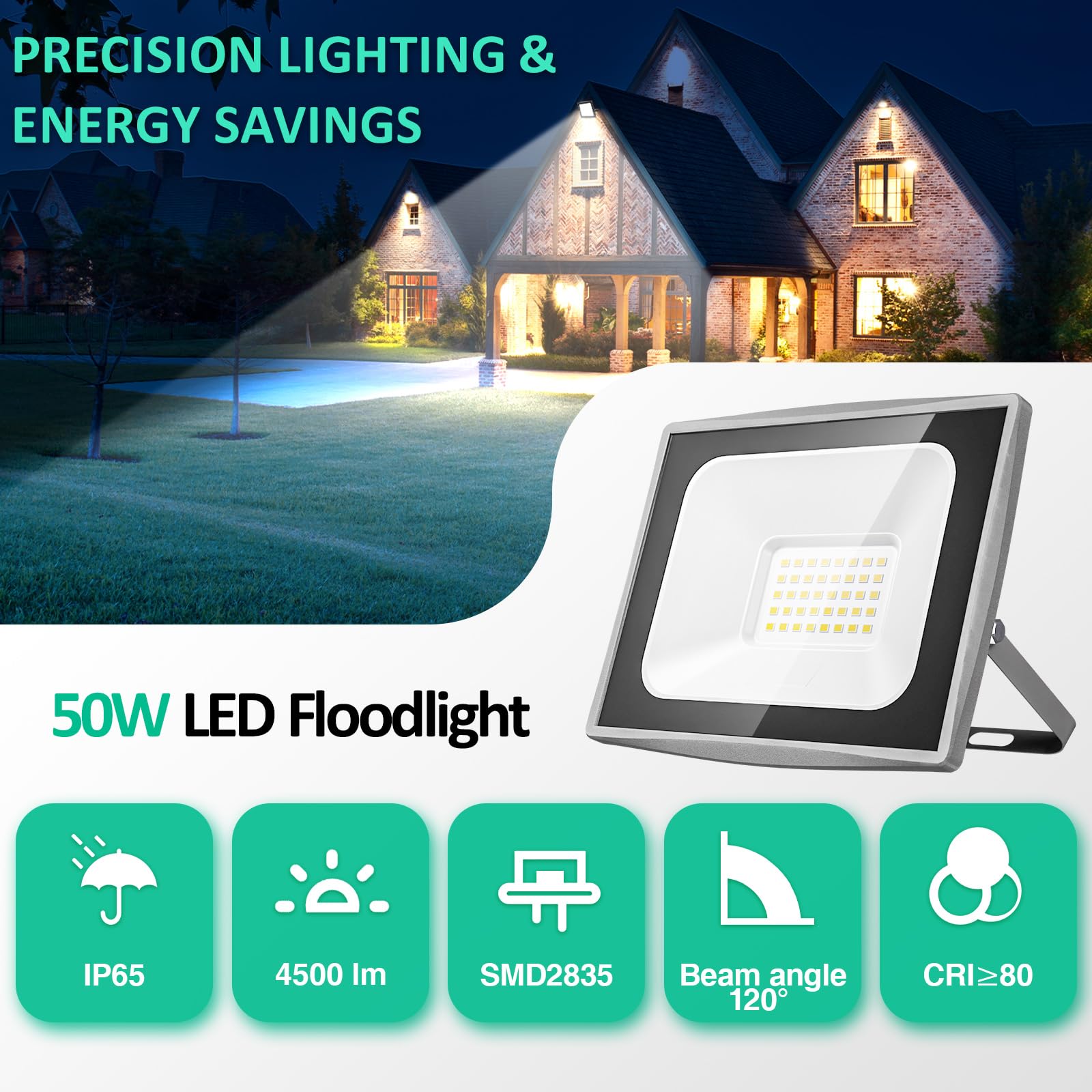 HOOLED Faretto led da esterno 50 W 4500 lm 120° Raggio LED impermeabile IP65, SMD2835, 4000 K, Proiettore LED esterno adatto per cortili, giardini, garage, terrazze e altri spazi esterni