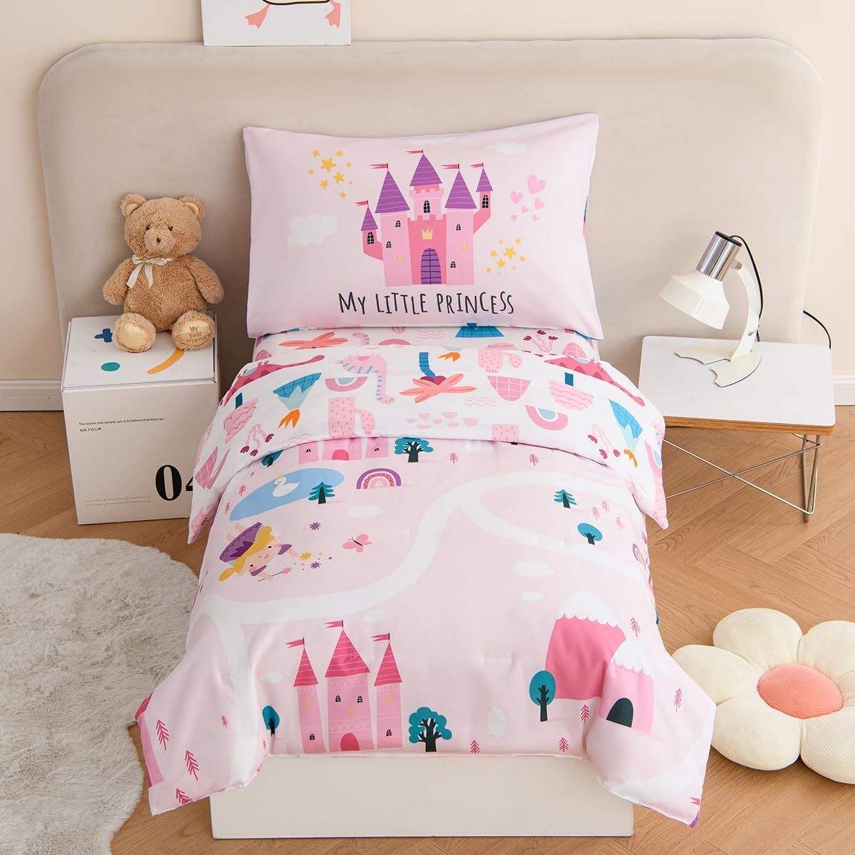 PERFEMET 4 Pieces Girls Toddler Bedding Set Pink Castle Fairy Tales Toddler Comforter Set Reversible Colorful Rainbow Princess Printed Toddler Bed Set with Sheets(Pink, Castle)