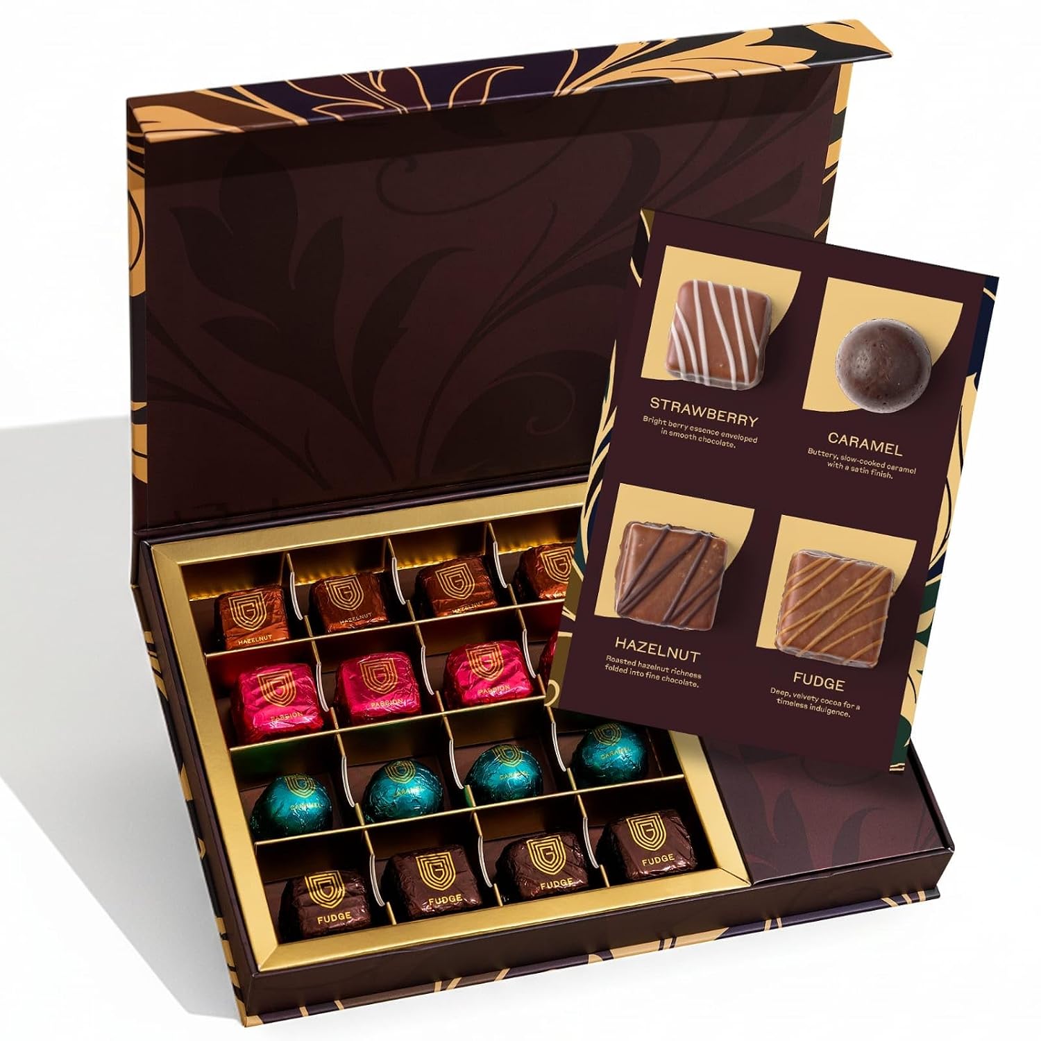 Gourmet Chocolate Gift Box | Mothers Day Assorted Chocolate Box with Strawberry, Caramel, Hazelnut & Fudge Flavors | Premium Candy Gift Set for Holiday. 16 pcs.