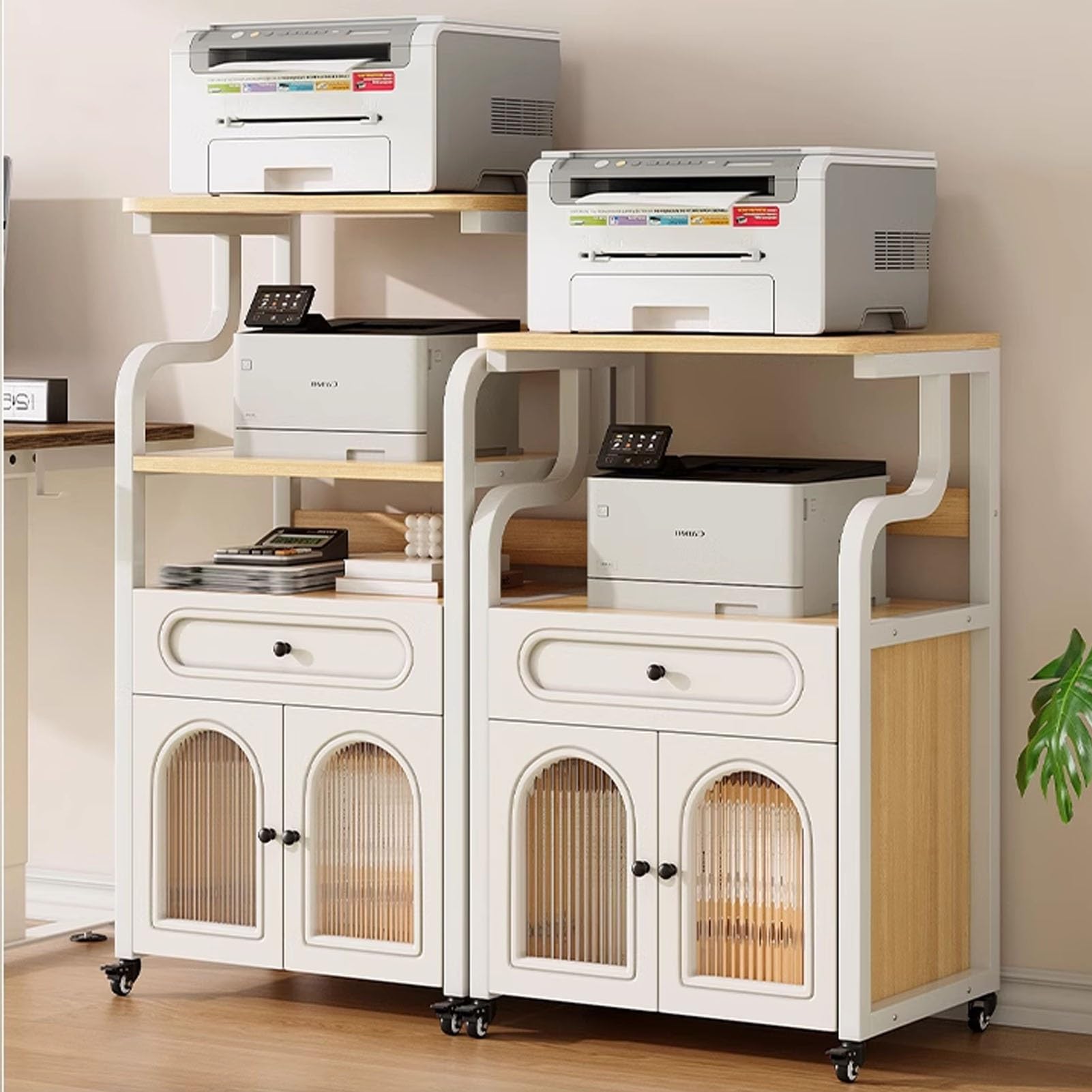 Generisch Mobiler Druckerständer mit Metallrahmen, 3-stufiger Druckerwagen für das Home Office, große Lagerregale und Schublade, kompaktes Druckerregal (weiß, 55 x 40 x 92 cm)