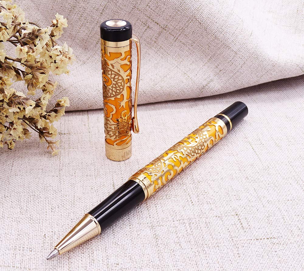 Jinhao 5000 Stylo roller à bille avec étui pour stylo Motif dragon en relief 3D Orange