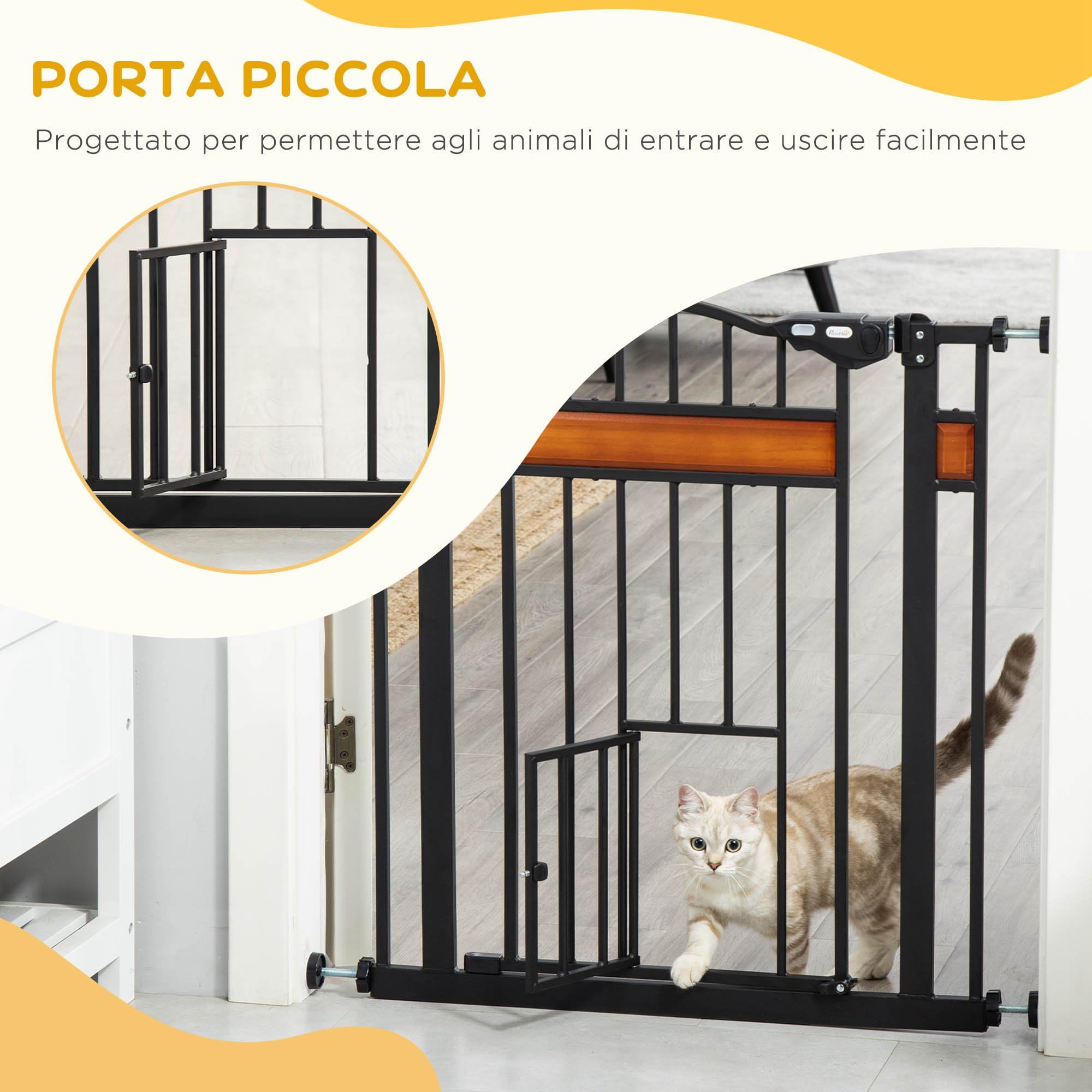 Pawhut Puerta para perros con fijación a presión, barrera de seguridad extensible de 74-80 cm, con cierre automático, negro