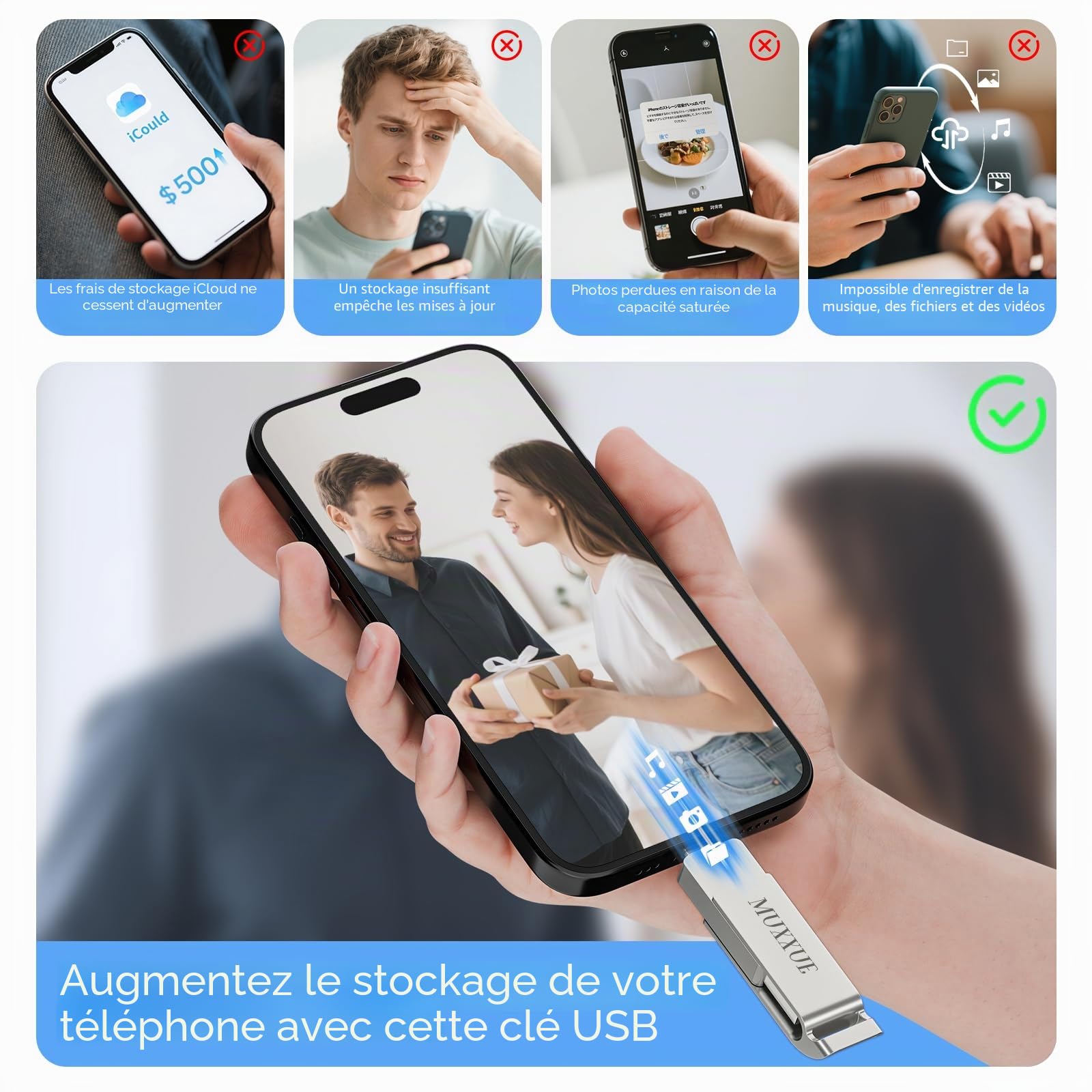 Cle USB iphone 256Go-Sans Application Requise,MFI Clé USB pour iphone/1Pad/Android/PC 3 en 1 avec iOS USB-C USB-A Stockage Externe pour Transfert de Photos, Vidéos et Films