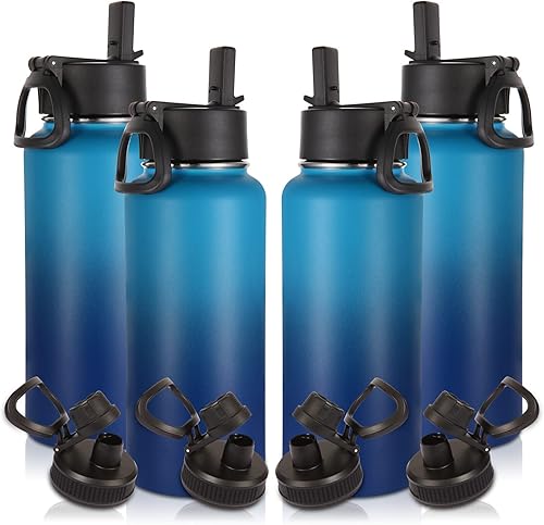 Volhoply Botellas de Agua de 32 oz a Granel Paquete de 4 con Tapa de Pajita y Tapa de Boquilla, Botella de Agua Deportiva Aislada, Vasos de Acero