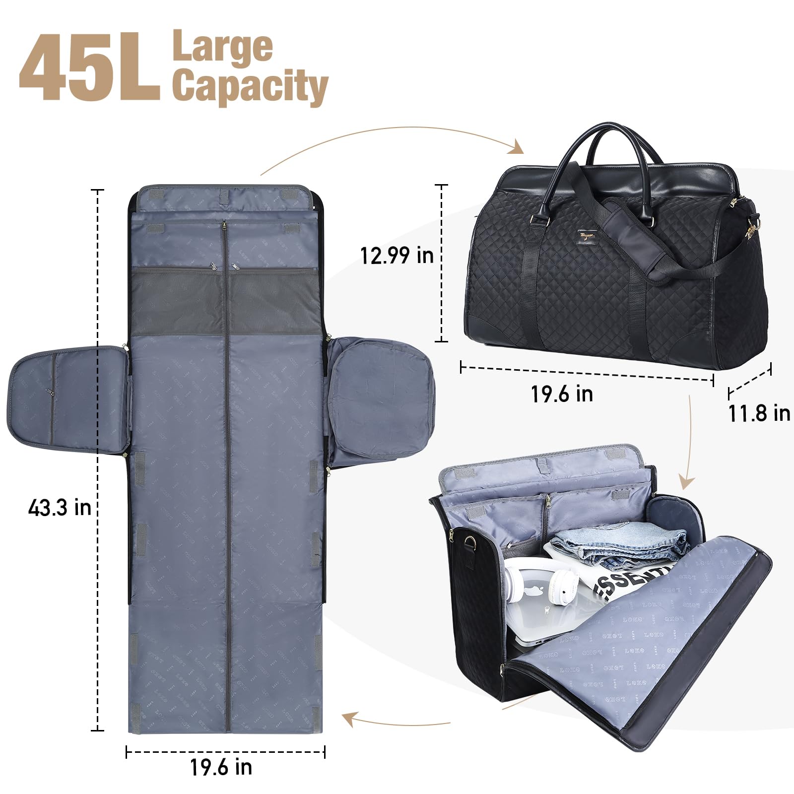 Damska torba na ubrania 3 w 1, składana, wodoodporna, z przegrodą na buty i pasek na ramię, stylowa sztuczna skóra, do pracy, podróży, czarny, 42 cm x 32 cm x 14 cm, Torby podróżne