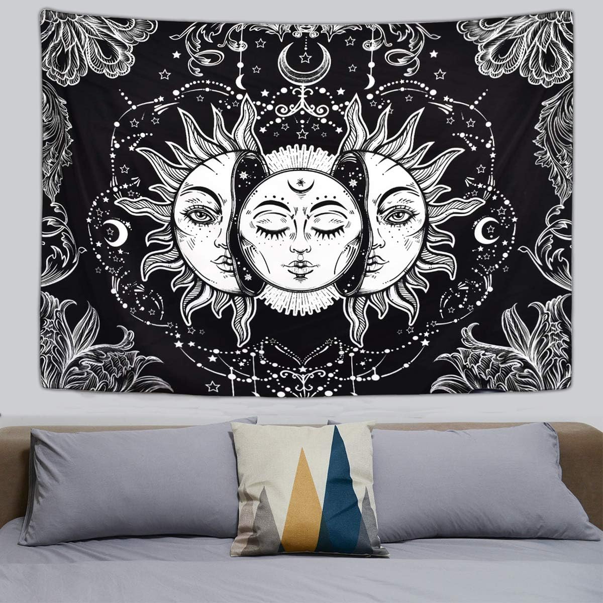 Ucio Wall Tapestry for Bedroom, Sun and Moon Tapestry Burning Sun with Star Tapestry, Wall Hanging Psychedelic Black and White Mystic Tapestry, 51.2X 59.1Inch