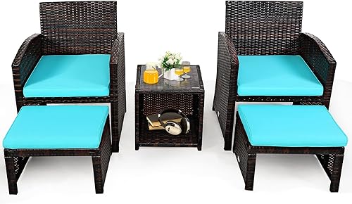 COSTWAY Juego de muebles de mimbre de ratán para patio, 5 piezas, cojín otomano, turquesa