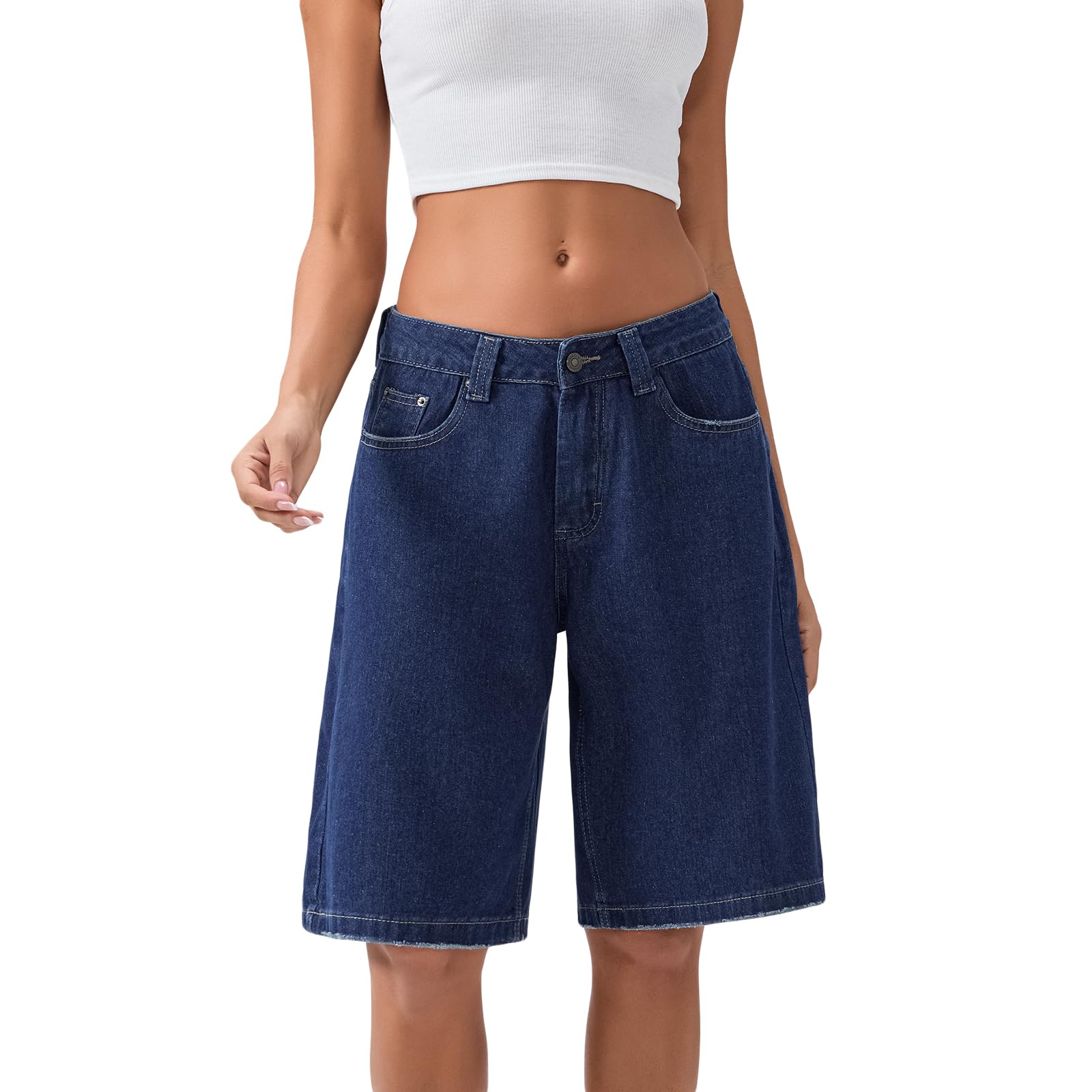 Bermuda ample en jean longueur genou pour femme - Taille basse - Jambe large - Avec poches - Jorts décontractés