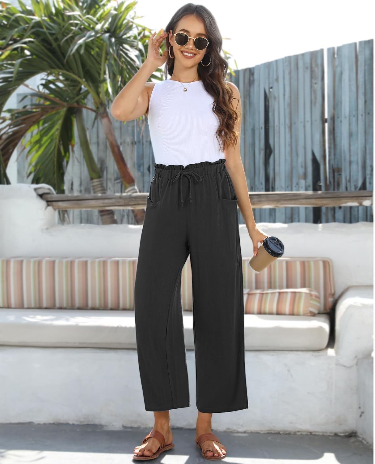 siliteelon Wide Leg Linen Pants for Women Summer Capri Palazzo Flowy Pants Casual Loose High Waist Trousers with Pockets - Image 4