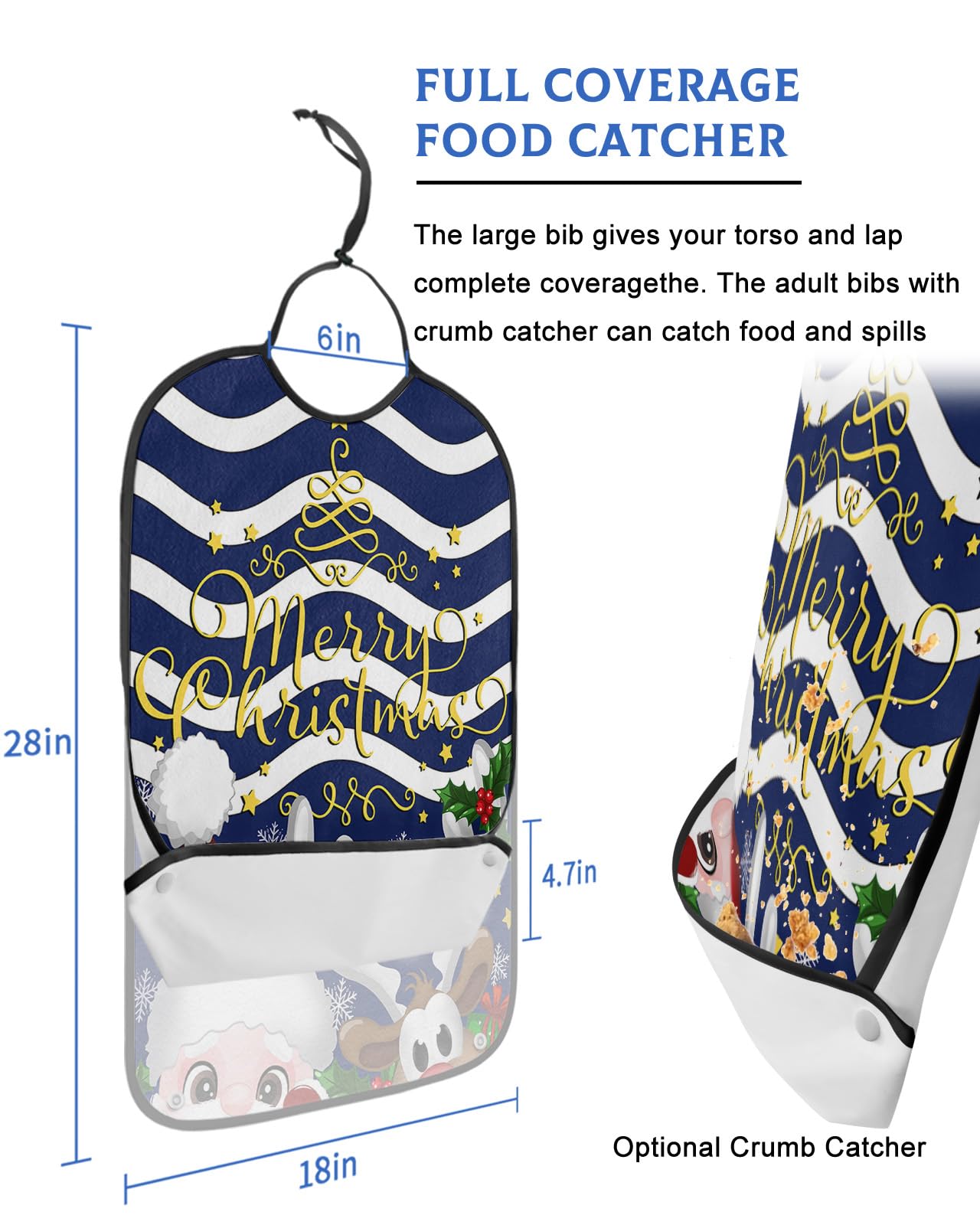 LEOKOTI Blue Santa Christmas Adult Bibs for Eating, Waterproof Bibs with Food Catcher & Snap Closure, Xmas Elk Snowflake Red Moire Geometric Washable Clothing Protectors Adult Bibs for Elderly