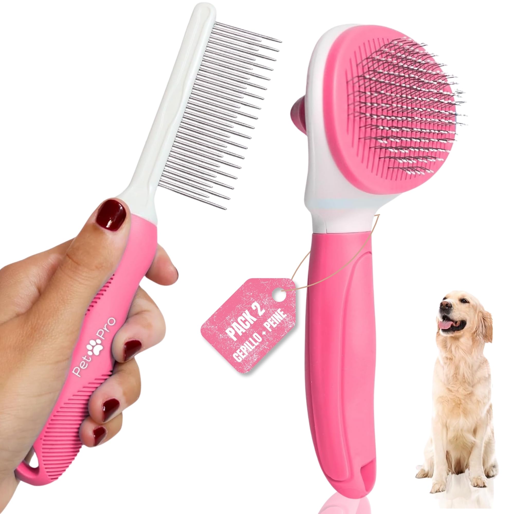 Pet Pro Kit 2 Quita pelos mascota, Cepillo para Perros/Gatos + Peine para Gatos/Perros, Kit Quitapelos mascotas Pelo largo o corto, Elimina Pelo Muerto y Peina tus mascotas(PACK Cepillo+Peine) (Rosa)