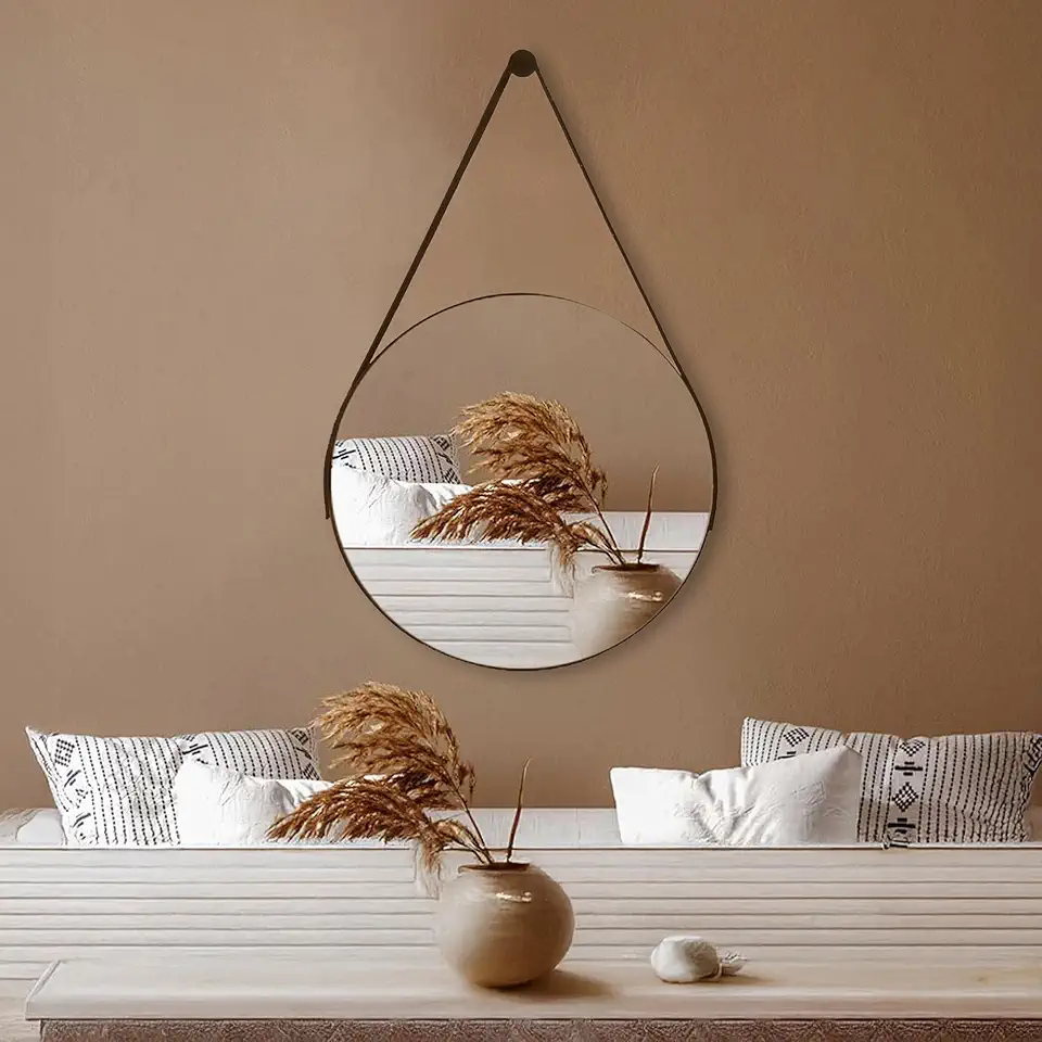 Espelho Adnet Redondo 50cm com Alça e Suporte Sala Hall Lavabo Banheiro Quarto (Caramelo)