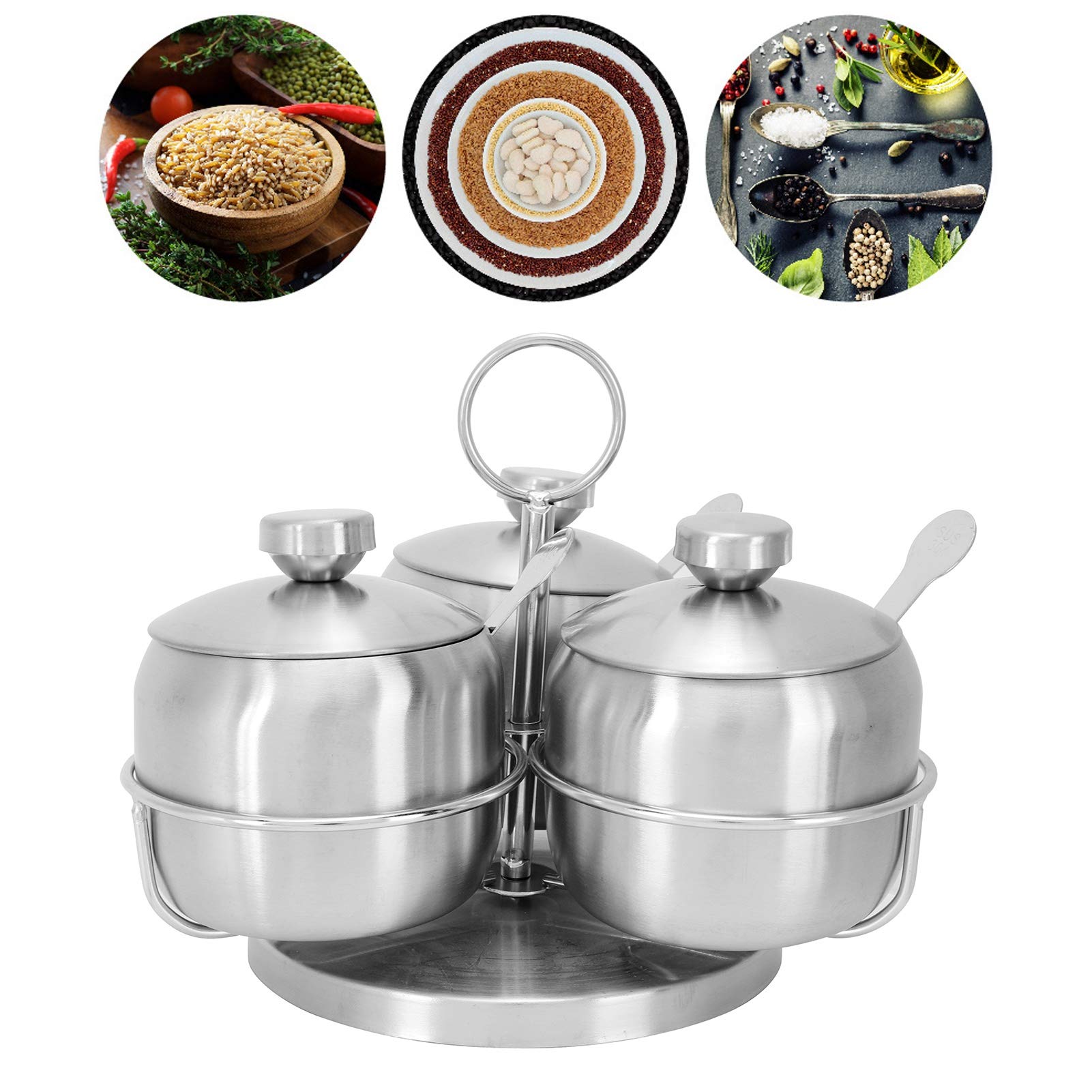 3-teiliges Edelstahl-Gewürzglas-Set mit drehbarem Stand, Deckeln & Löffeln – Wiederverwendbare Dosen für Salz, Zucker, Kaffee – Perfekt für Küche & Ordnung