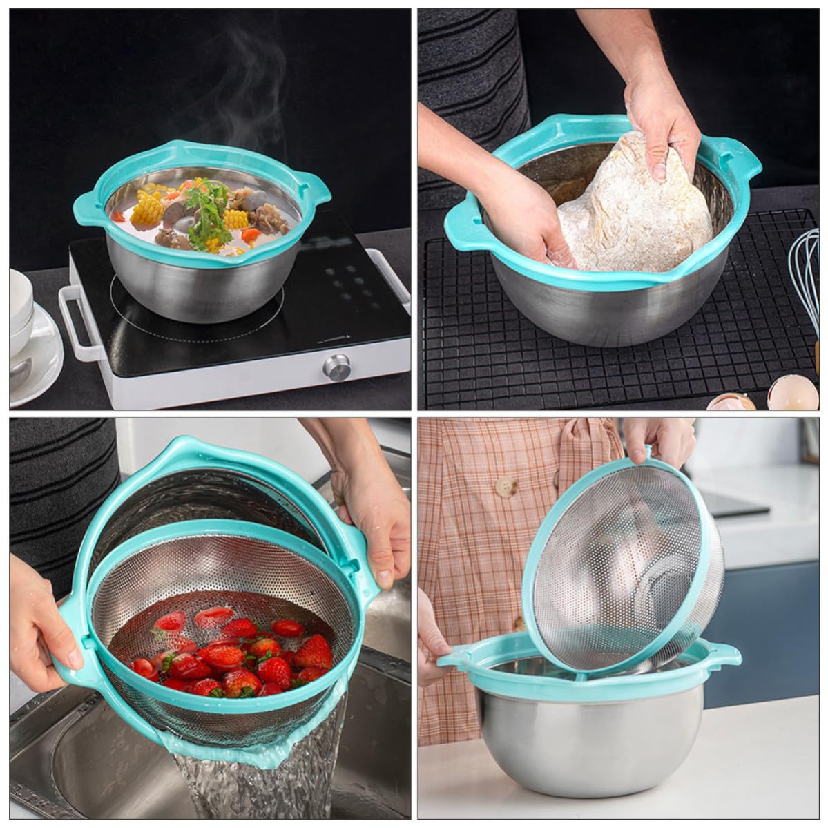 IMIKEYA Colador de Cocina Doble Capa de Acero Inoxidable Cesta para Escurrir Arroz y Frutas, Juego Multifuncional para Almacenar y Drenar Alimentos en Cocina