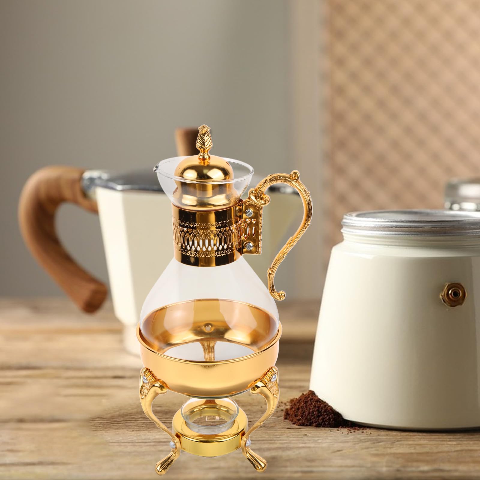 CLISPEED Arabische Teekanne aus Glas Kaffee Servierset mit Tassen und Tablett aus Glas und Aluminiumlegierung Goldfarben Beheizbar für Zuhause und Hotel Vintage Stil
