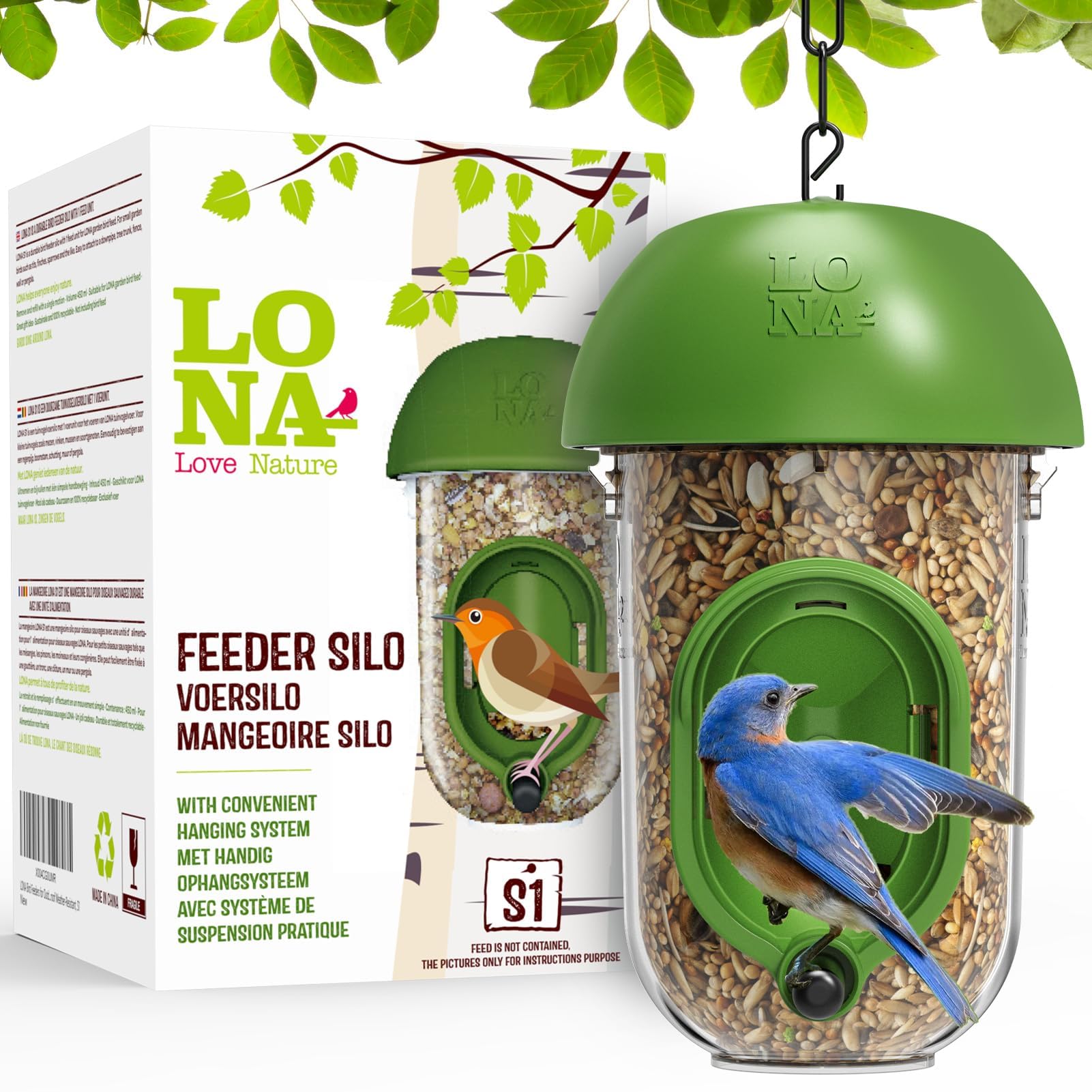 LONA Bird Feeders for Outdoors, Tube Feeder Weatherproof with Multiple Hanging Methods, Wild Bird Feeding Silo for Outside, 1 Port