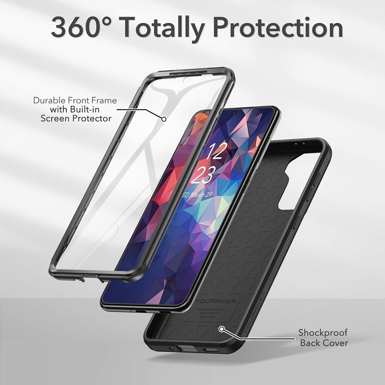 YOUMAKER Designed for Samsung Galaxy S21 Case with Built-in Screen Protector, Full Body Shockproof Rugged Protective Cover for Galaxy S21 5G 6.2 inch - Black