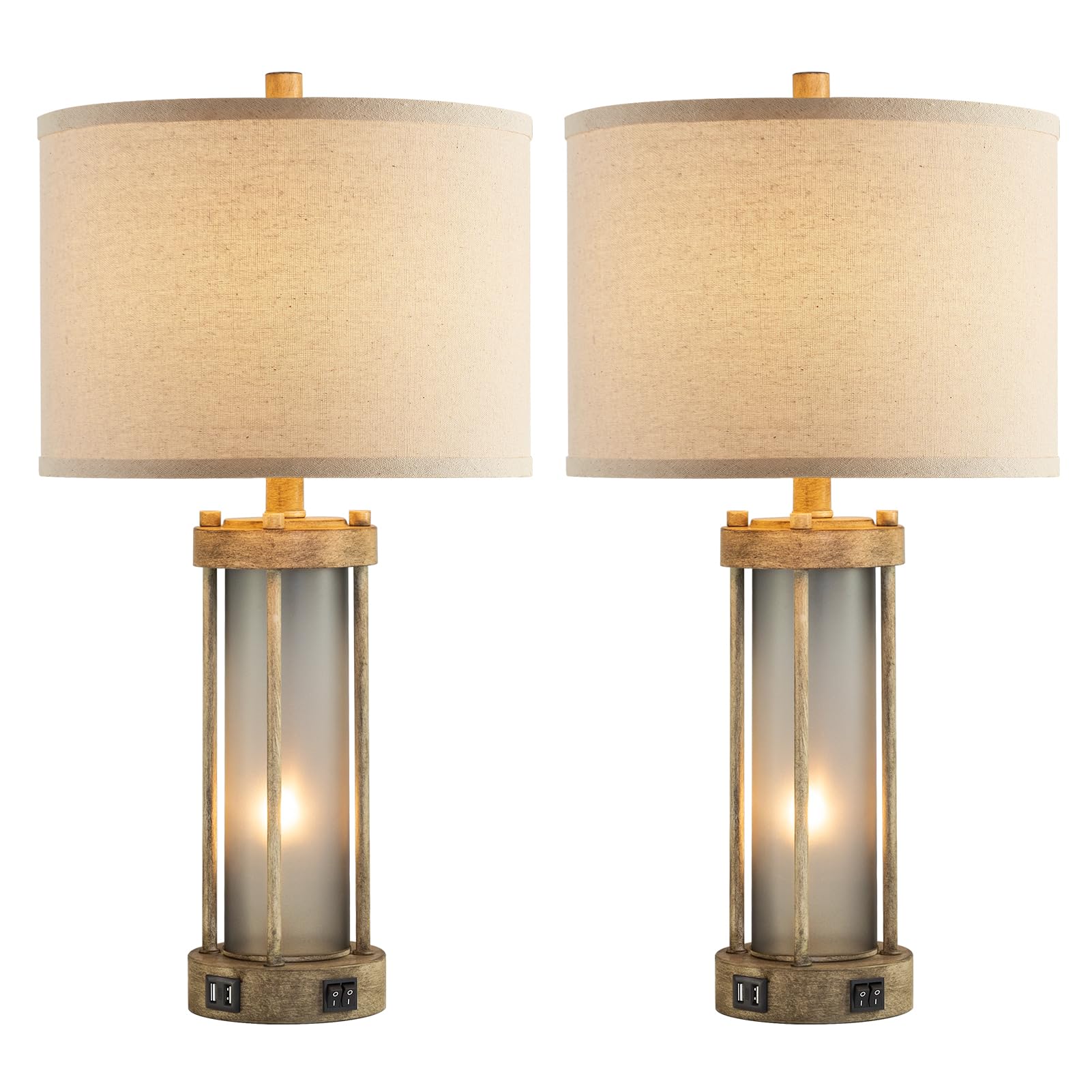 Farmhouse Tischlampen 2er Set für Wohnzimmer, Vintage Schlafzimmer Nachttischlampe mit Dual USB Ports, Nachttischlampe mit Milchglas Nachtlicht für Beistelltisch Eingang, 4 Glühbirnen enthalten