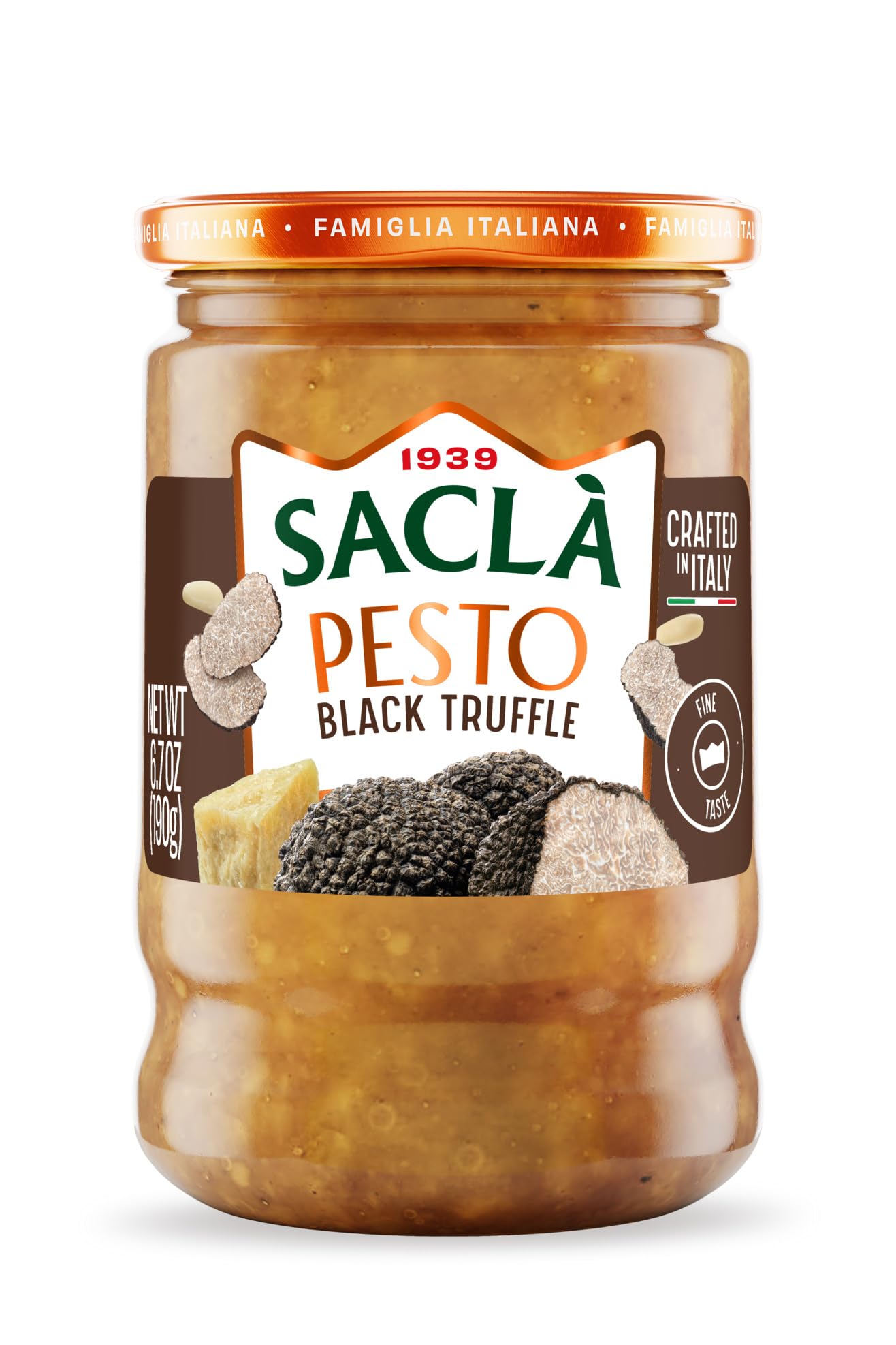 SACLA Pesto with Black Summer Truffle | Italian Basil Pesto Sauce with Real Truffle & Cheese | 6.7 oz Glass Jar | Gourmet Non-GMO Paste | Imported from Italy