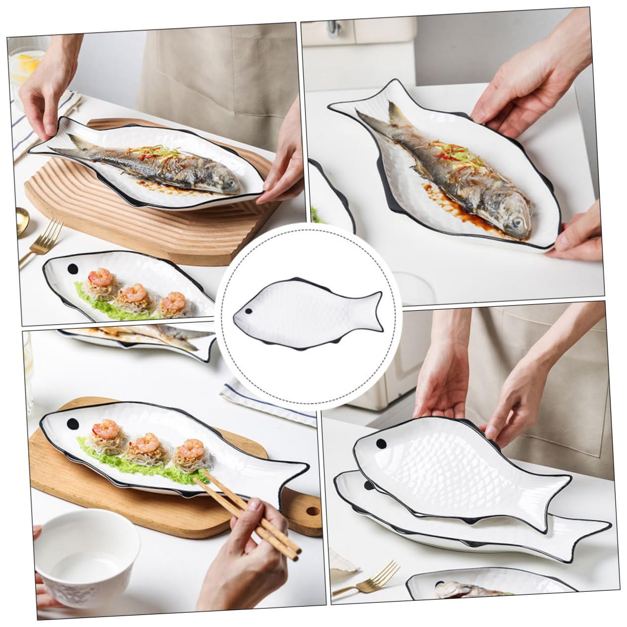 COLLBATH Plato de Cerámica para Pescado al Vapor, Blanco, Forma de Pez | Apto para Microondas, Superficie Lisa, Fácil de Guardar, Uso en Hotel y Hogar