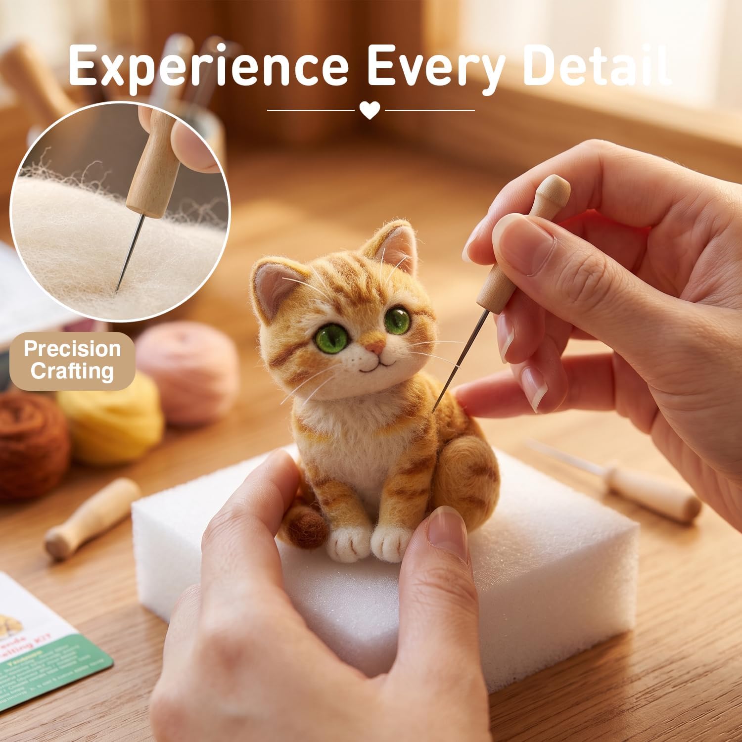 DIY Needle Felting Kit Cute Orange Tabby Cat – Needle Felting Starter Kit with Fiber Roving, Needles, Felting Pad & Instructions | Felted Cat Kit for Beginners Adults | DIY Craft Gift Home Decoration