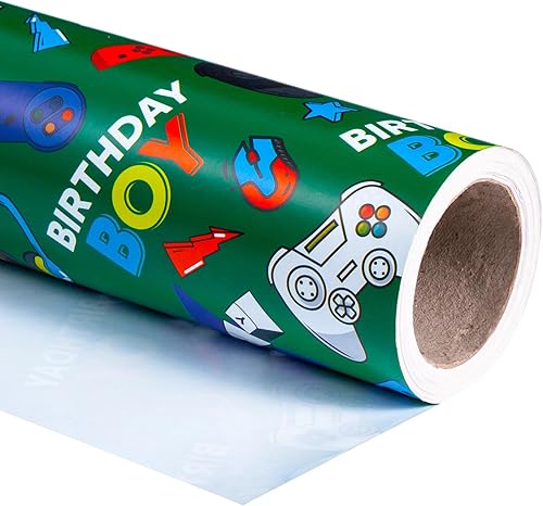 Vista 405 de WRAPAHOLIC Papel de regalo reversible, mini rollo, 17 pulgadas x 33 pies, adorable diseño de gato y azul sólido para cumpleaños, vacaciones