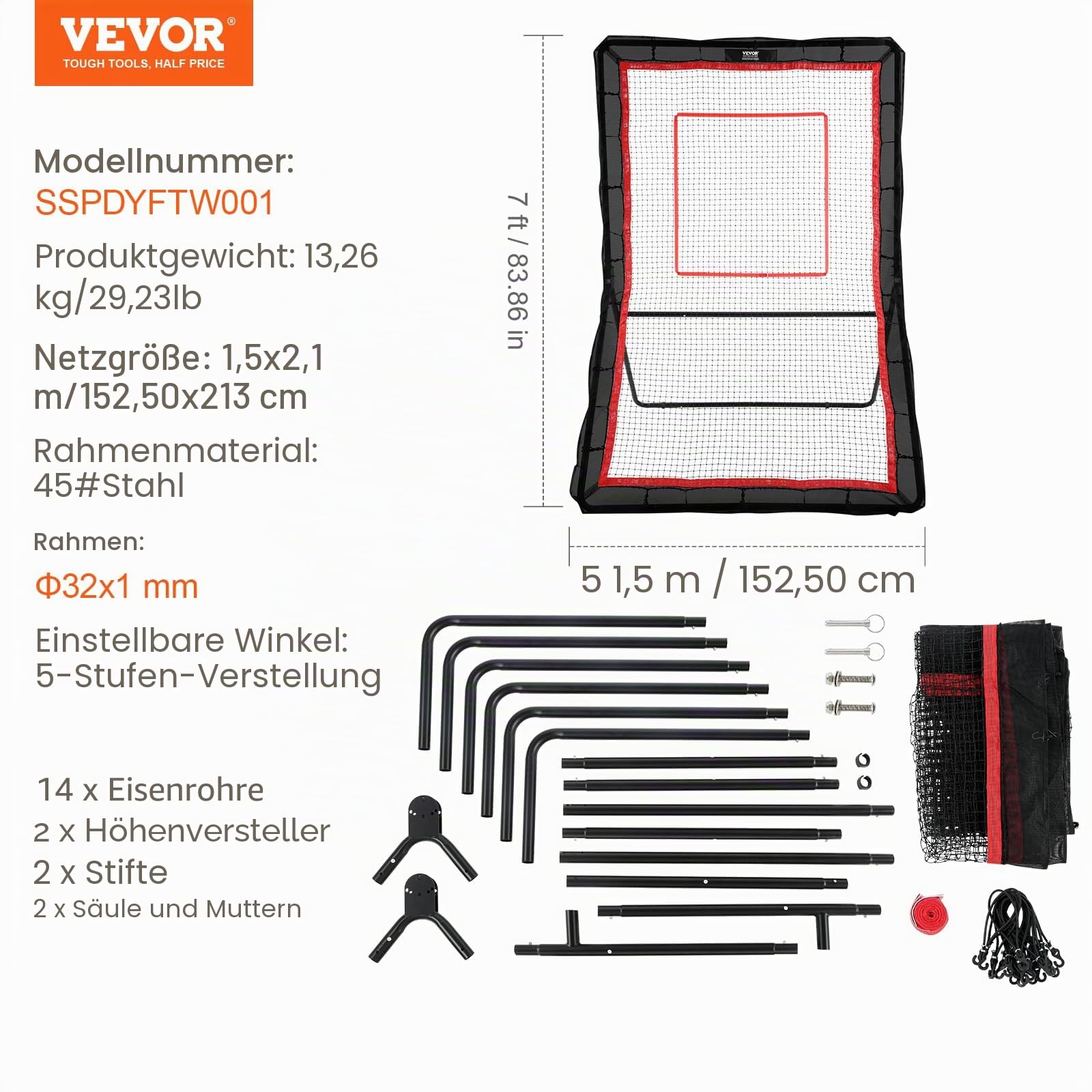 VEVOR Lacrosse-Rebounder für den Hinterhof, 1,5 x 2,1 m großes Volleyball-Rücksprungnetz, Pitchback-Throwback-Baseball-Softball-Return-Trainingsbildschirm, verstellbarer Winkel, Schießübungs-Trainings