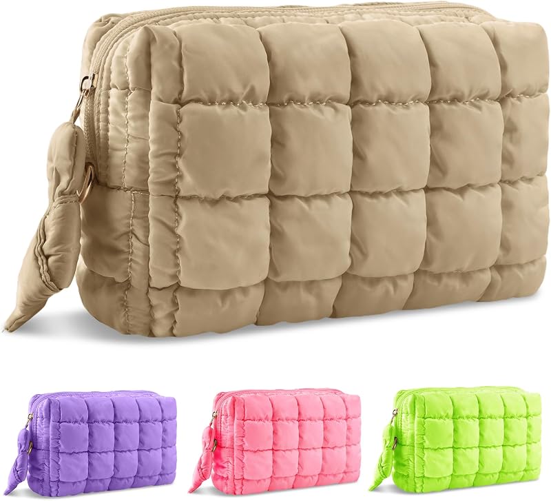 Necessaire de maquiagem acolchoada UIXIZQ com zíper, Khaki, M